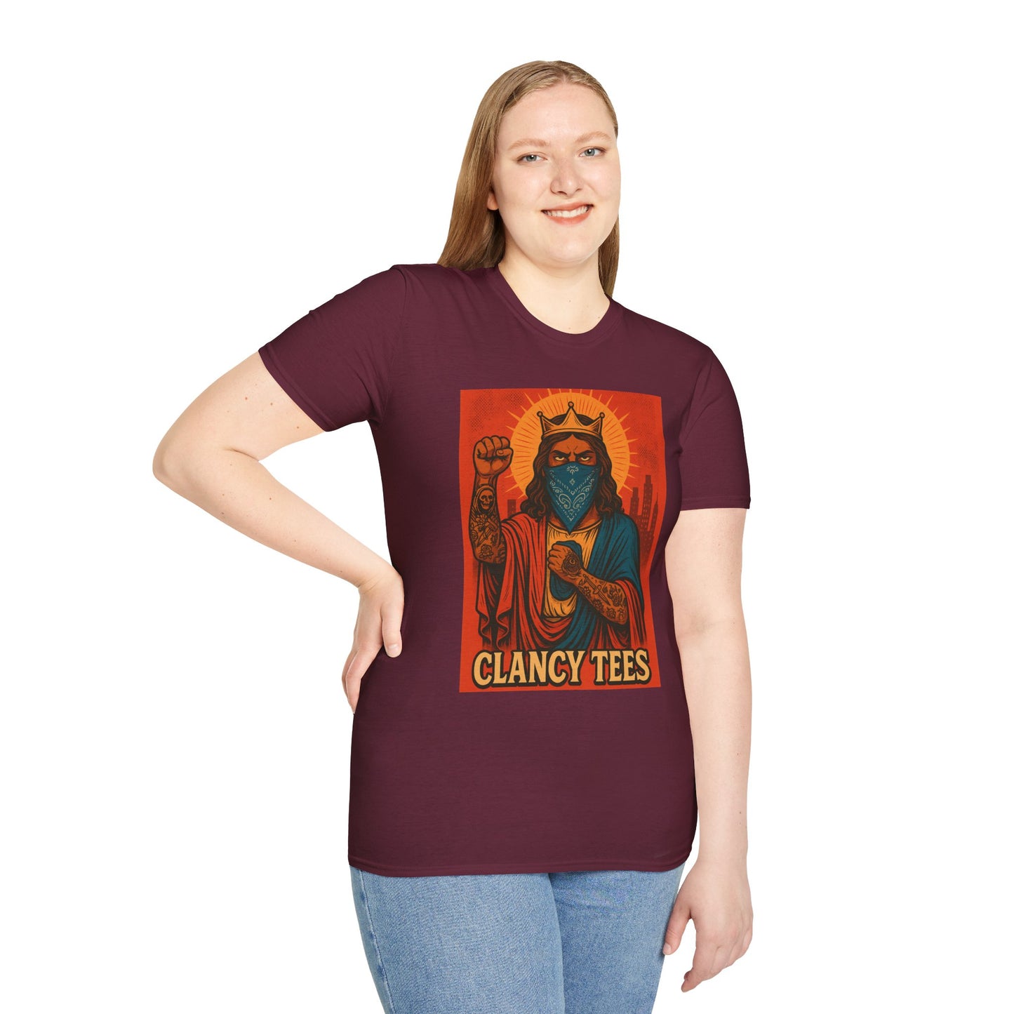 Tattooed Jesus Street Art Shirt – Clancy Tees | Urban Messiah Graphic Tee | Bold Religious Satire Shirt | King of the Block Tee