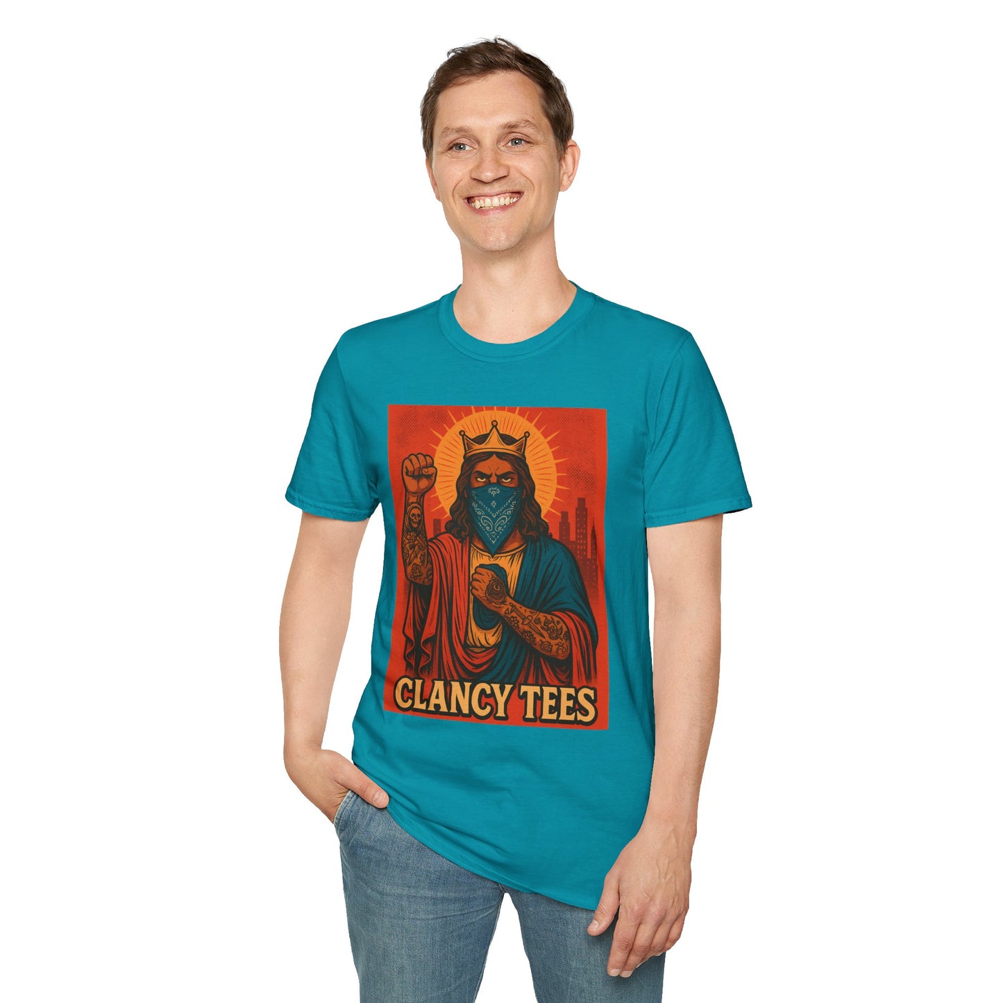 Tattooed Jesus Street Art Shirt – Clancy Tees | Urban Messiah Graphic Tee | Bold Religious Satire Shirt | King of the Block Tee