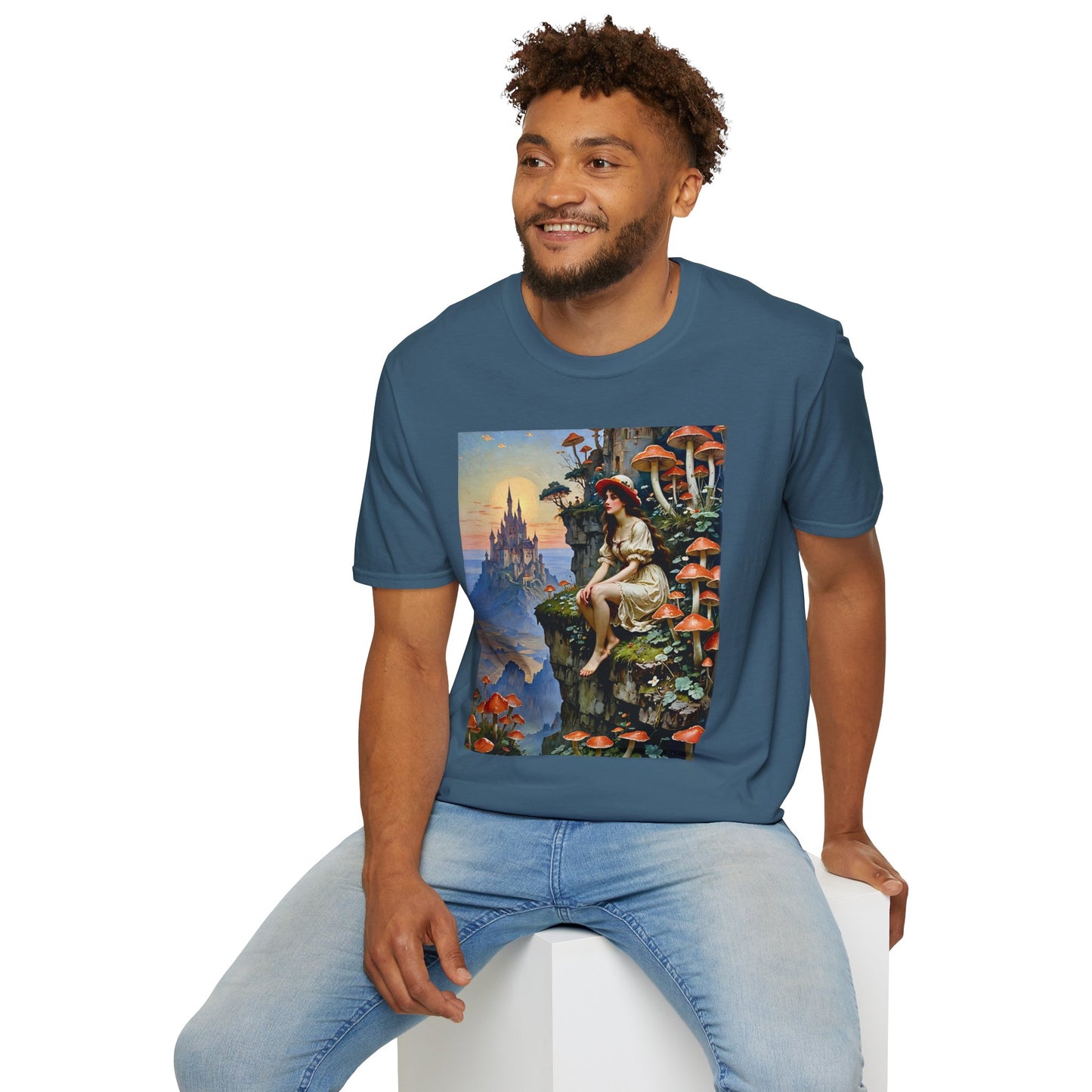 Fantasy Mushroom Fairy T-Shirt Enchanted Castle Cliffside Tee Surreal Magic Art Shirt Gift for Fantasy Fans Gift for Dreamers Psychedelic Nature Tee
