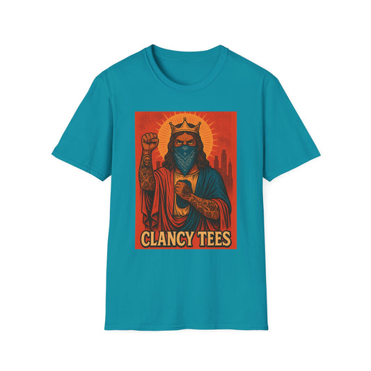 Tattooed Jesus Street Art Shirt – Clancy Tees | Urban Messiah Graphic Tee | Bold Religious Satire Shirt | King of the Block Tee