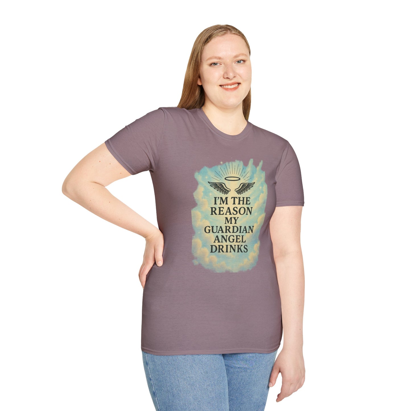 Unisex Softstyle T-Shirt, Funny Guardian Angel Tee, Unique Gift for Friends, Humor Shirt, Casual Wear, Perfect for Holidays