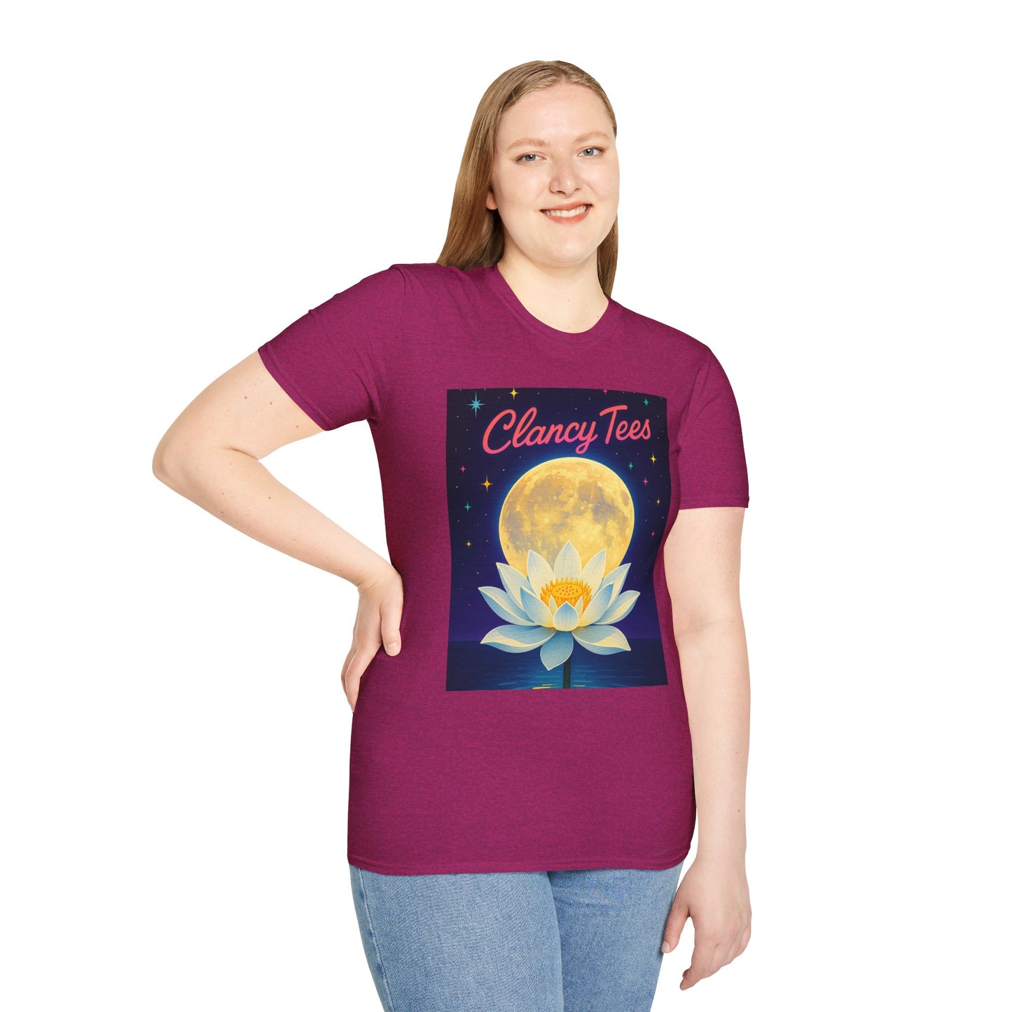 Moon Lotus Clancy Tees Shirt – Ethereal Floral T-Shirt with Full Moon Art – Gift for Nature Lovers, Yogis, Dreamers & Spiritual Aesthetic Fans