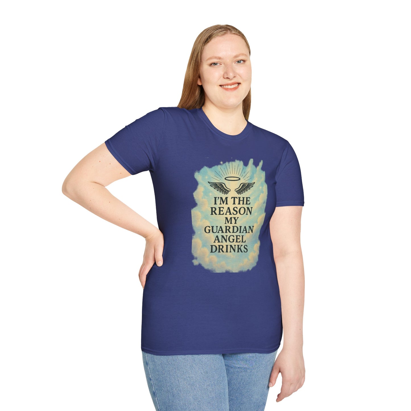 Unisex Softstyle T-Shirt, Funny Guardian Angel Tee, Unique Gift for Friends, Humor Shirt, Casual Wear, Perfect for Holidays