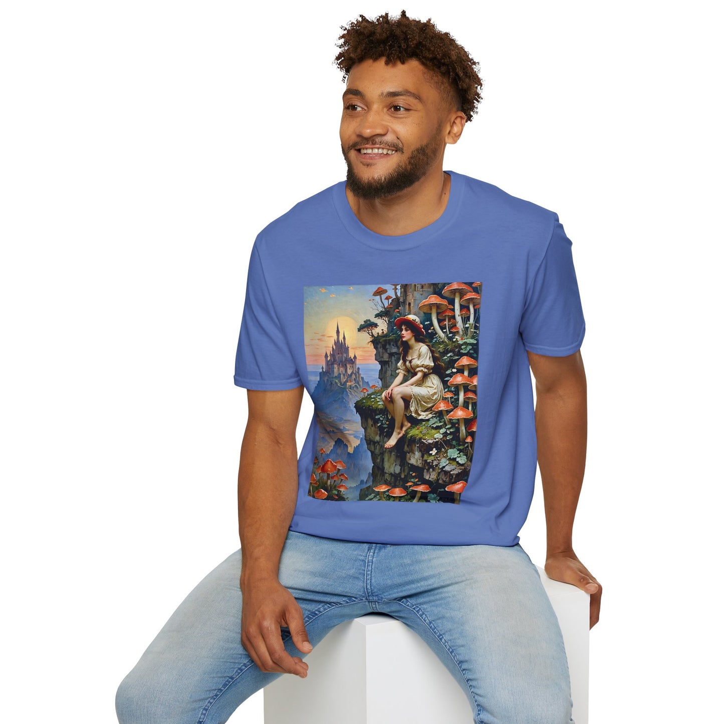 Fantasy Mushroom Fairy T-Shirt Enchanted Castle Cliffside Tee Surreal Magic Art Shirt Gift for Fantasy Fans Gift for Dreamers Psychedelic Nature Tee