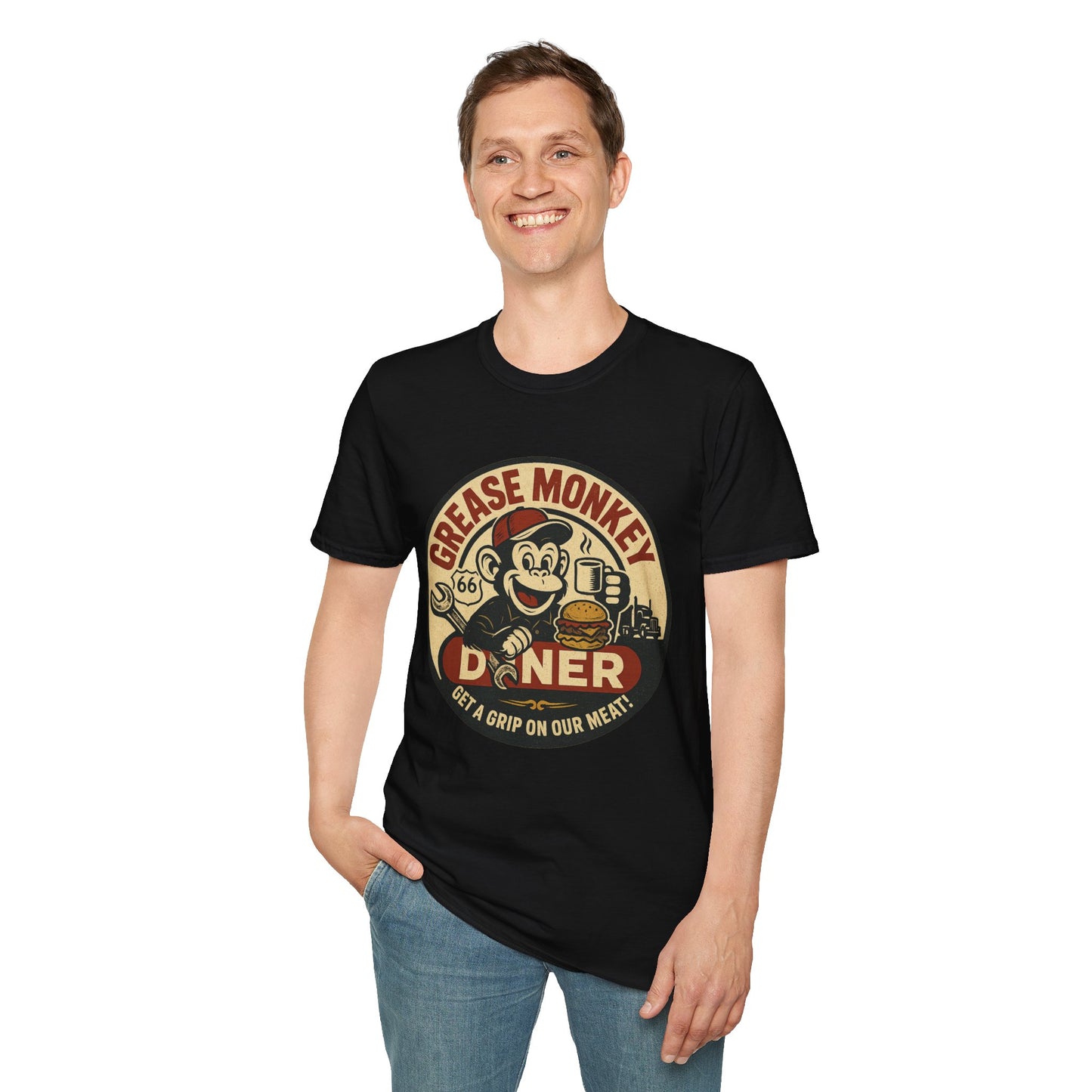 Grease Monkey Diner T-Shirt – Retro Mechanic Mascot Tee – Funny Vintage Roadside Shirt Gift for Car Guys, Grill Masters, and Route 66 Road Trip Fans