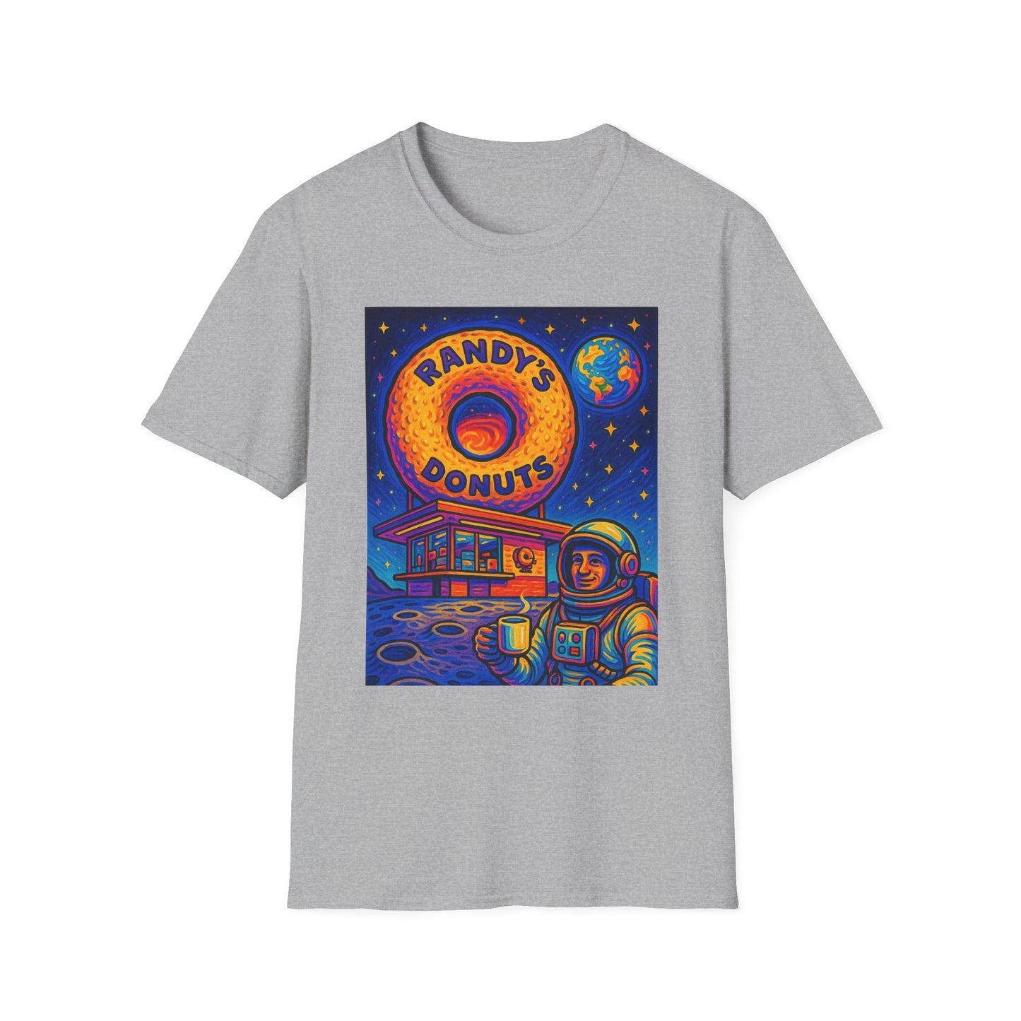 Space Donut T-Shirt – Retro Sci-Fi Astronaut Holding Coffee on the Moon – Gift for Foodies, Dreamers, and Outer Space Humor Fans