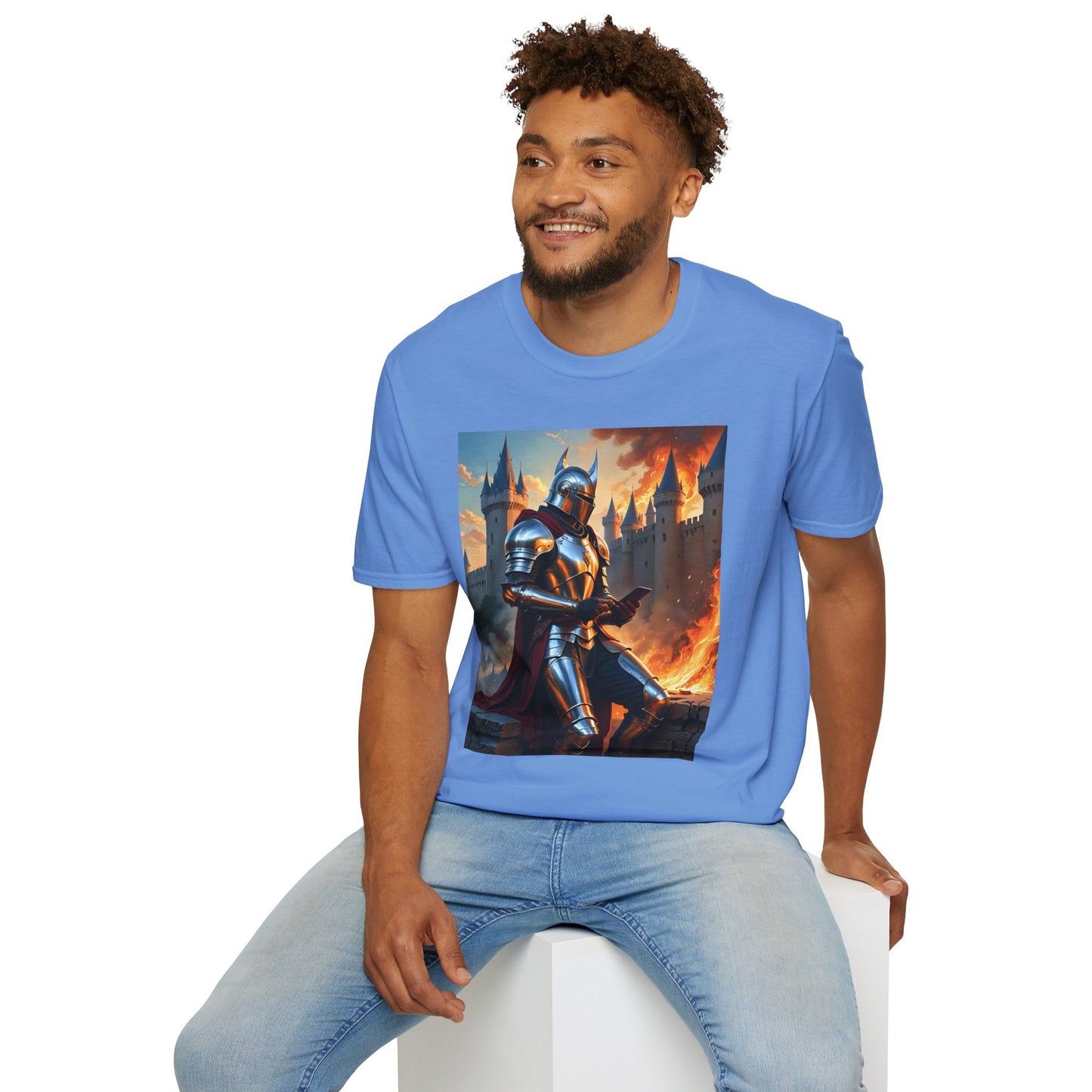 Knight in Burning Castle Shirt – Dark Fantasy Armor Tee – Gift for RPG Fans, Medieval Nerds, and Apocalyptic History Buffs