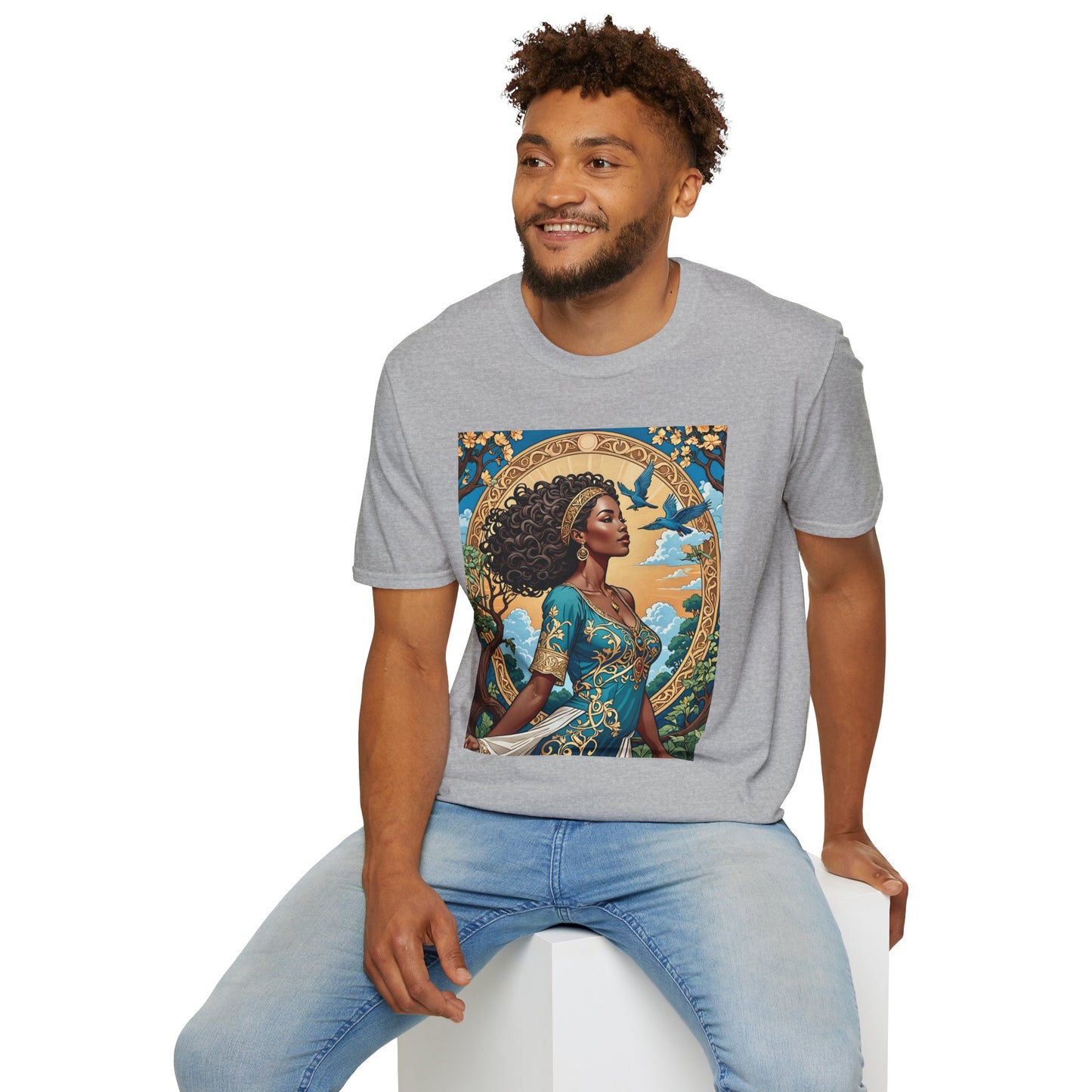 Bohemian Goddess T-Shirt, Unisex Softstyle Tee, Nature-Inspired Apparel, Gift for Women, Artistic Graphic Shirt, Eco-Friendly Fashion