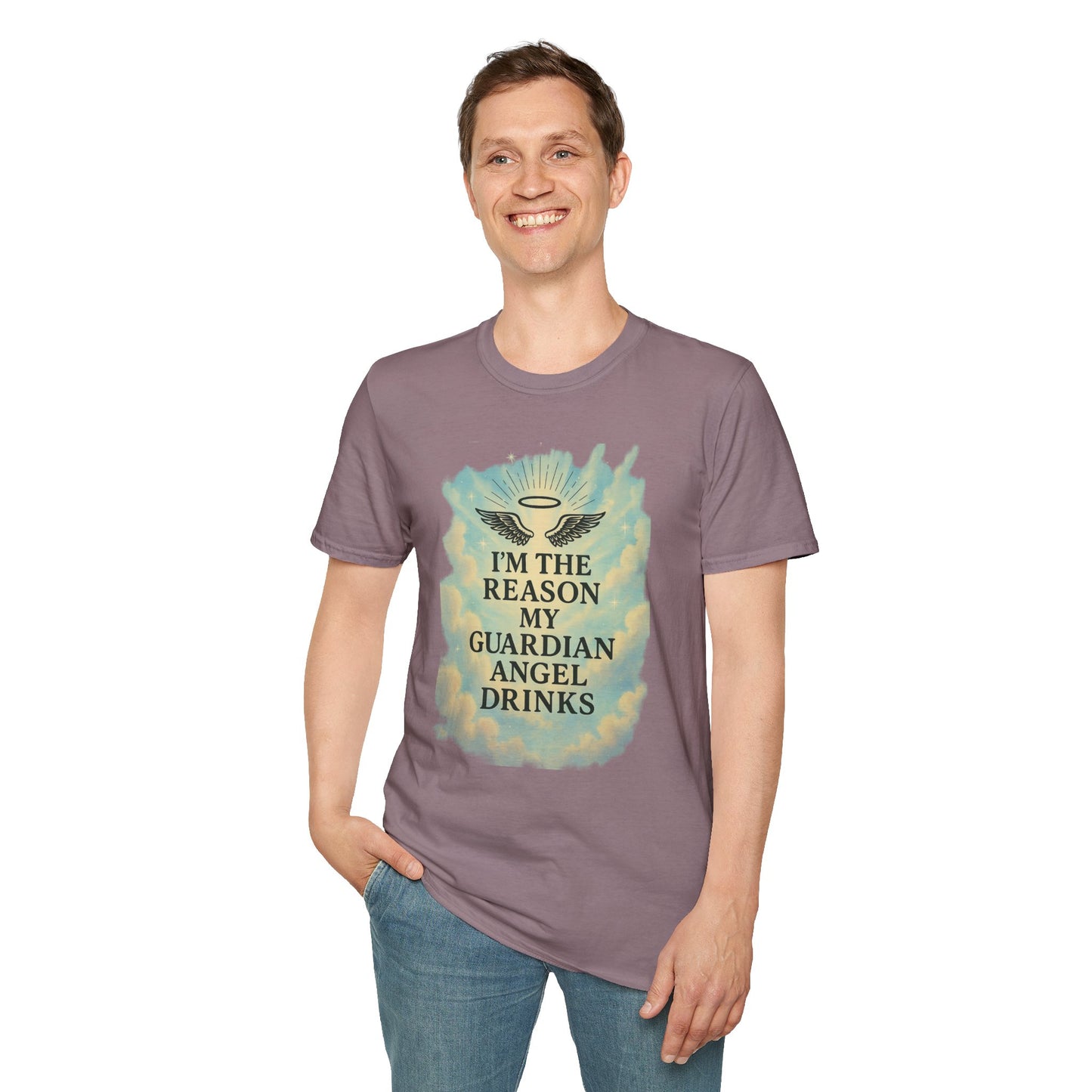 Unisex Softstyle T-Shirt, Funny Guardian Angel Tee, Unique Gift for Friends, Humor Shirt, Casual Wear, Perfect for Holidays