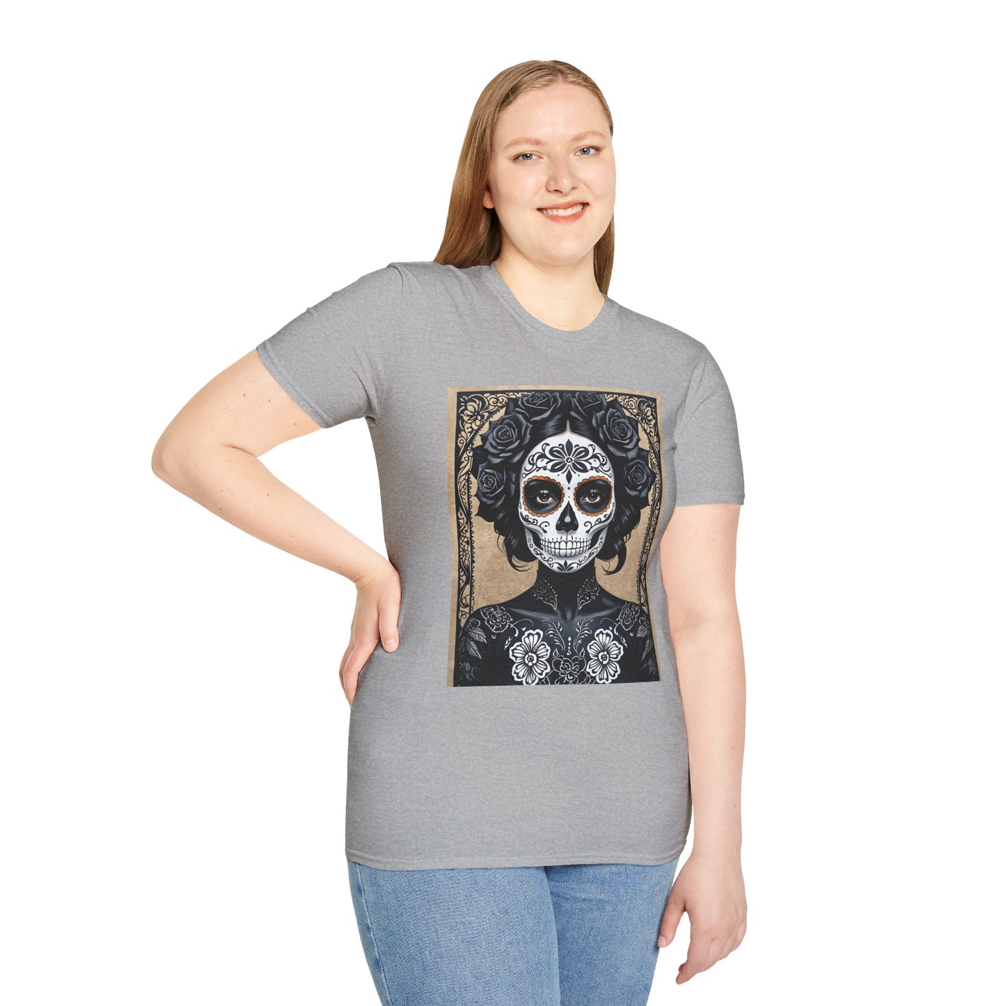 Black Floral Skull Tattoo Shirt – Gothic Día de los Muertos Tee – Gift for Skull Collectors, Tattoo Fans, and Alt Aesthetic Enthusiasts