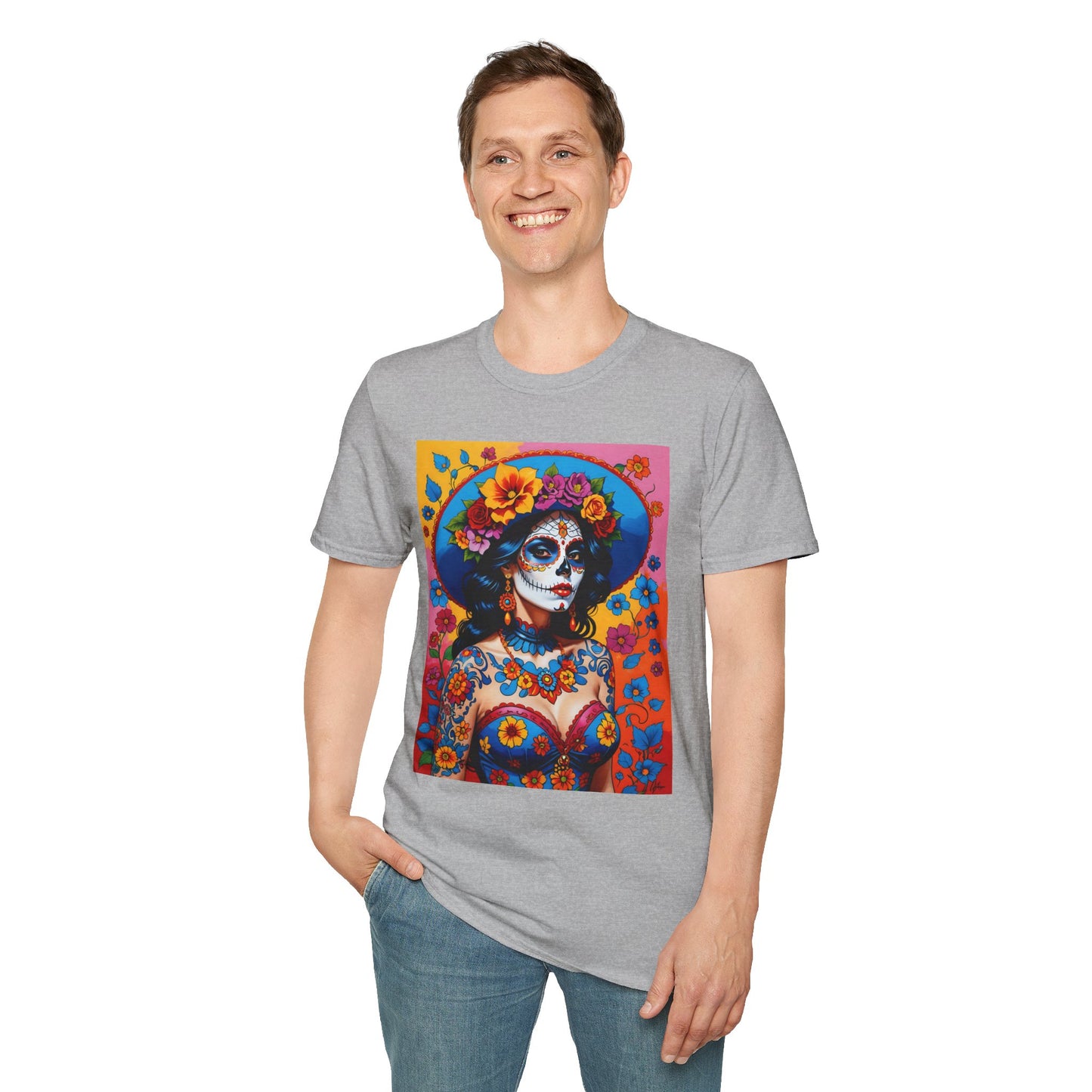 Sugar Skull T-Shirt – Día de los Muertos Art Tee – Gift for Goth Aesthetic Fans, Colorful Skull Lovers, and Tattoo-Inspired Fashion