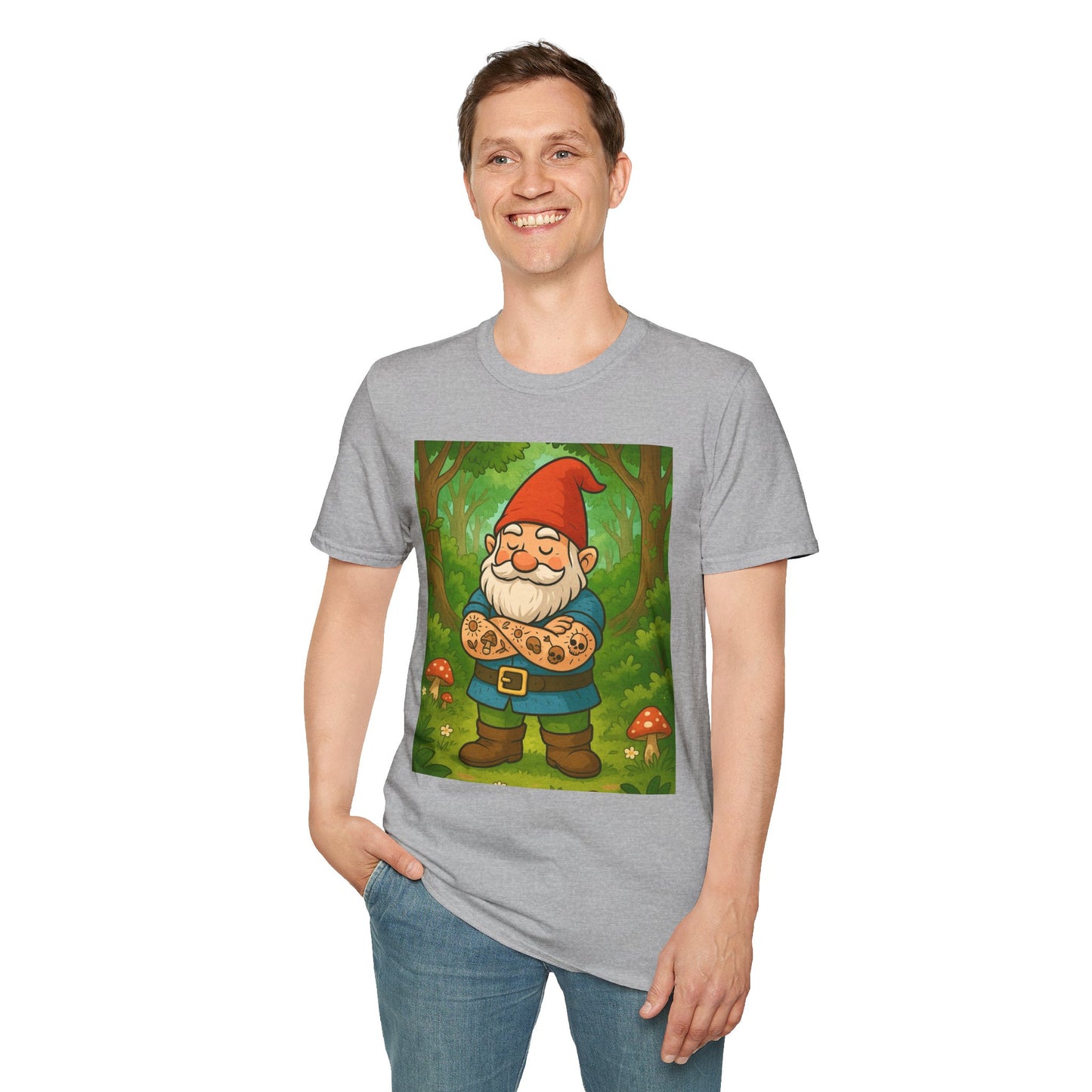 Tattooed Gnome T-Shirt – Funny Forest Inked Gnome Tee – Whimsical Tattoo Garden Shirt Gift for Mushroom Lovers, Gardeners, and Fantasy Fans