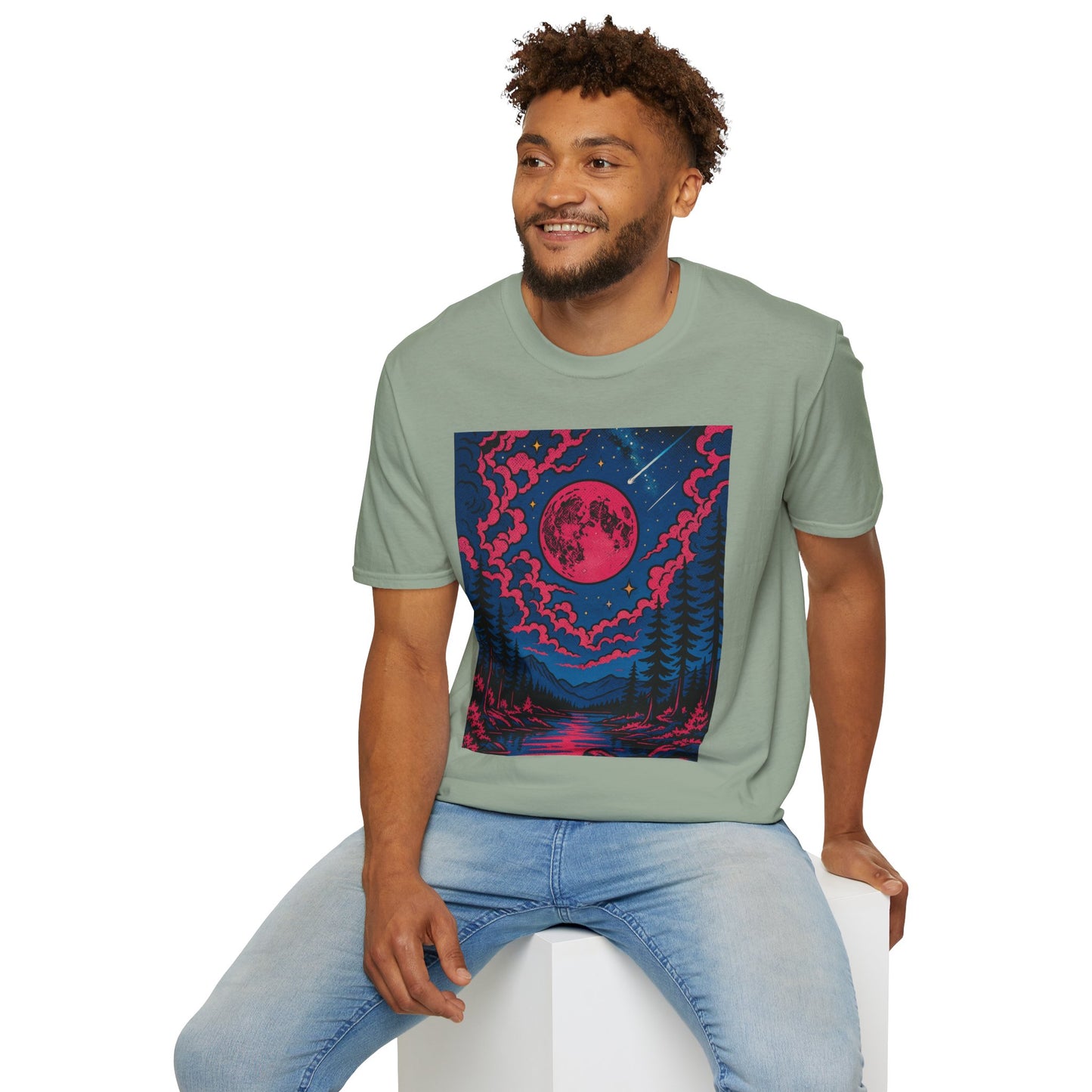 Trippy Red Moon Forest T-Shirt – Surreal Nature Graphic Tee • Psychedelic Night Sky Shirt • Gildan Softstyle® Unisex • Gift for Nature Lovers
