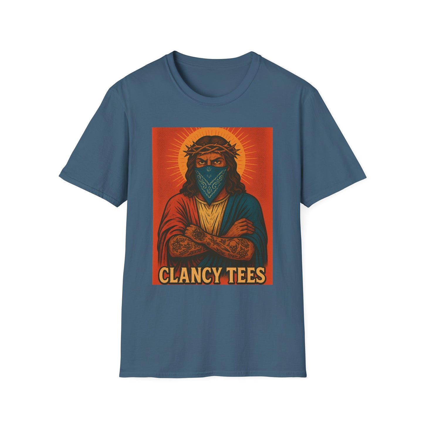 Gangsta Jesus Tattoo Shirt – Bold Religious Parody Tee with Face Mask – Street Art Style Graphic – Gift for Rebels, Sinners, and Faithful Rule-Breakers
