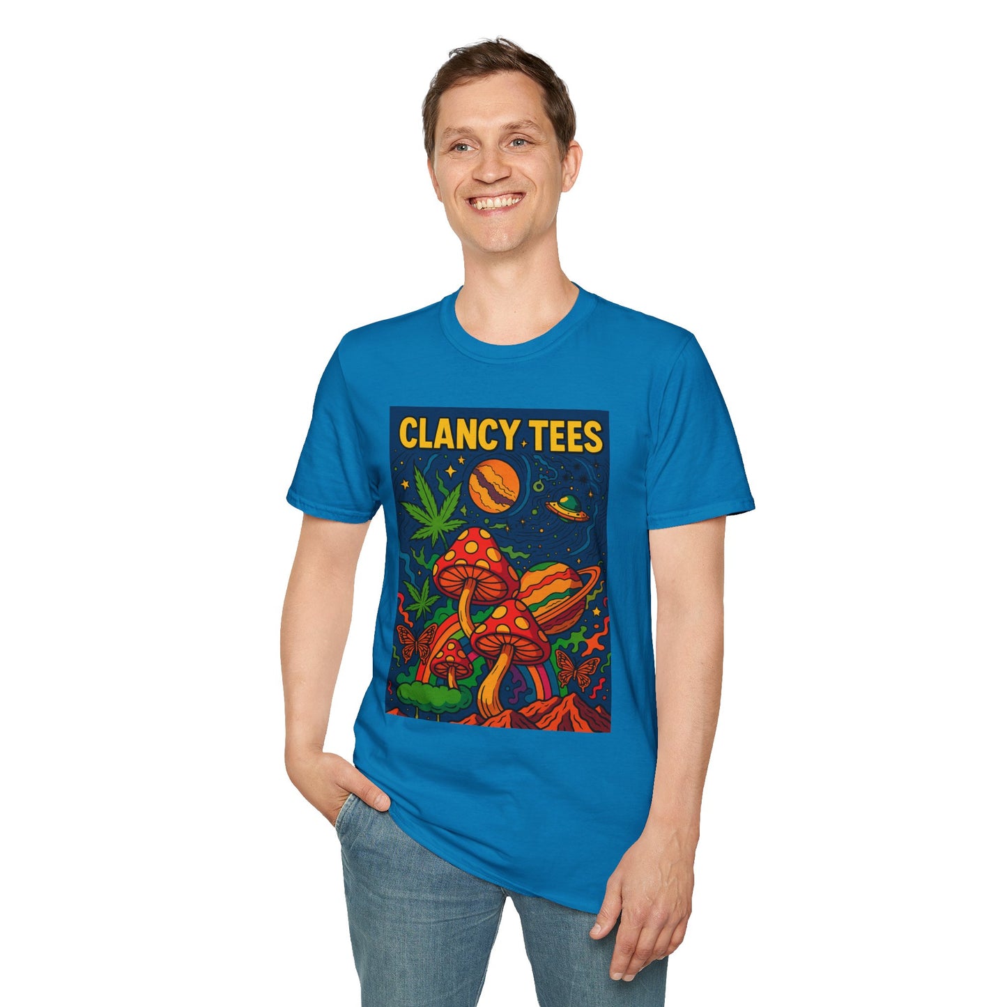 Trippy Mushroom Graphic T Shirt Psychedelic Space Art Tee Cosmic Fungi Illustration Unisex Softstyle Gift for Stoner Friends Gift for Psychedelic Fans