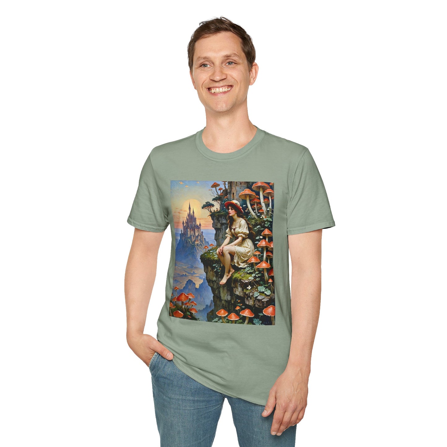 Fantasy Mushroom Fairy T-Shirt Enchanted Castle Cliffside Tee Surreal Magic Art Shirt Gift for Fantasy Fans Gift for Dreamers Psychedelic Nature Tee