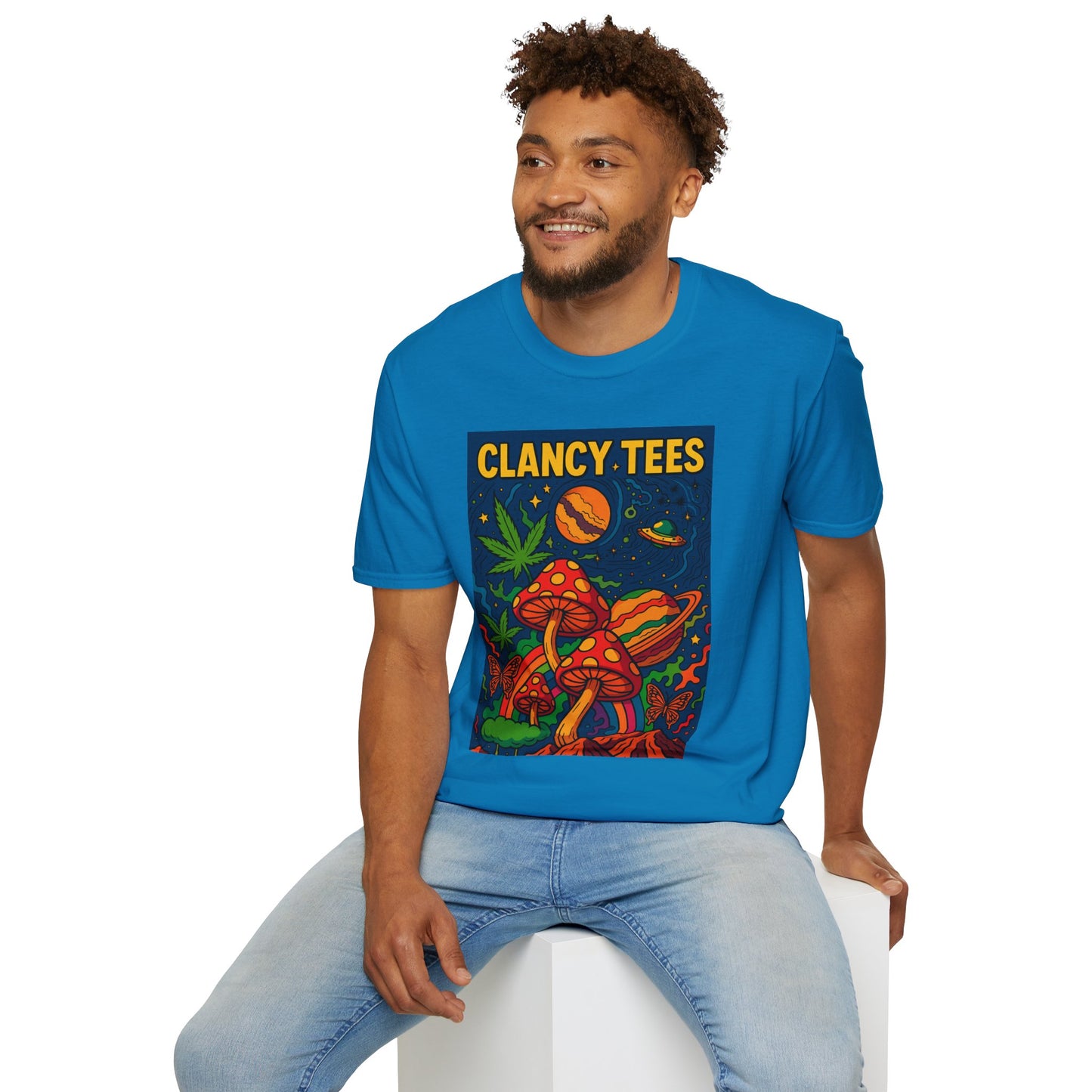 Trippy Mushroom Graphic T Shirt Psychedelic Space Art Tee Cosmic Fungi Illustration Unisex Softstyle Gift for Stoner Friends Gift for Psychedelic Fans