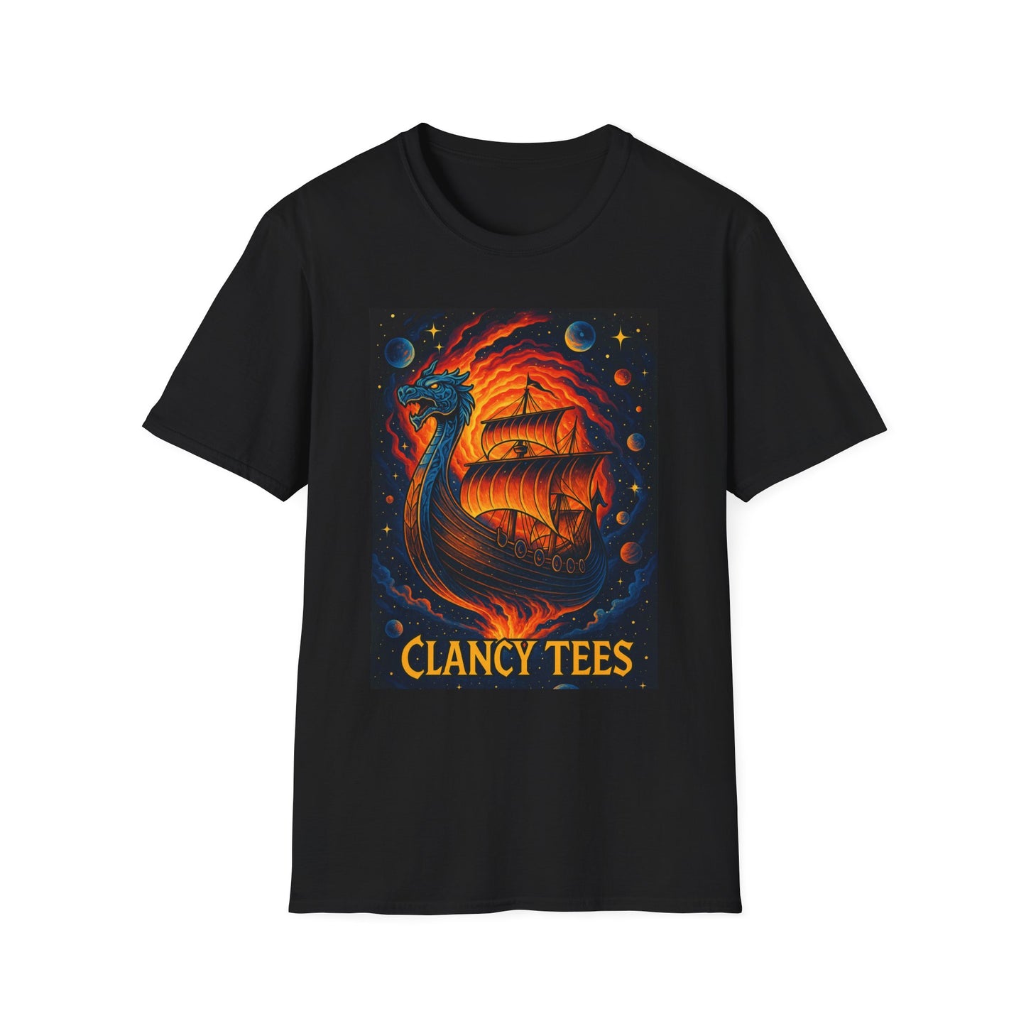 Viking Ship Dragon Shirt – Trippy Norse Mythology Tee with Fiery Cosmic Art – Bold Fantasy Graphic – Gift for Myth Lovers and Warrior Souls