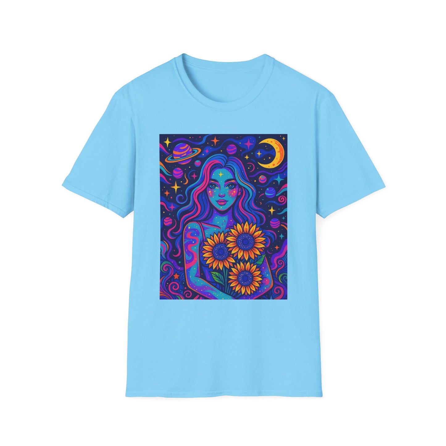 Psychedelic Sunflower Girl Shirt Trippy Space Goddess Tee Gift for Astrology Lovers Cosmic Art T Shirt for Hippies Star Gazers and Moon Magic Fans