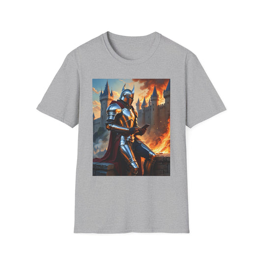 Knight in Burning Castle Shirt – Dark Fantasy Armor Tee – Gift for RPG Fans, Medieval Nerds, and Apocalyptic History Buffs