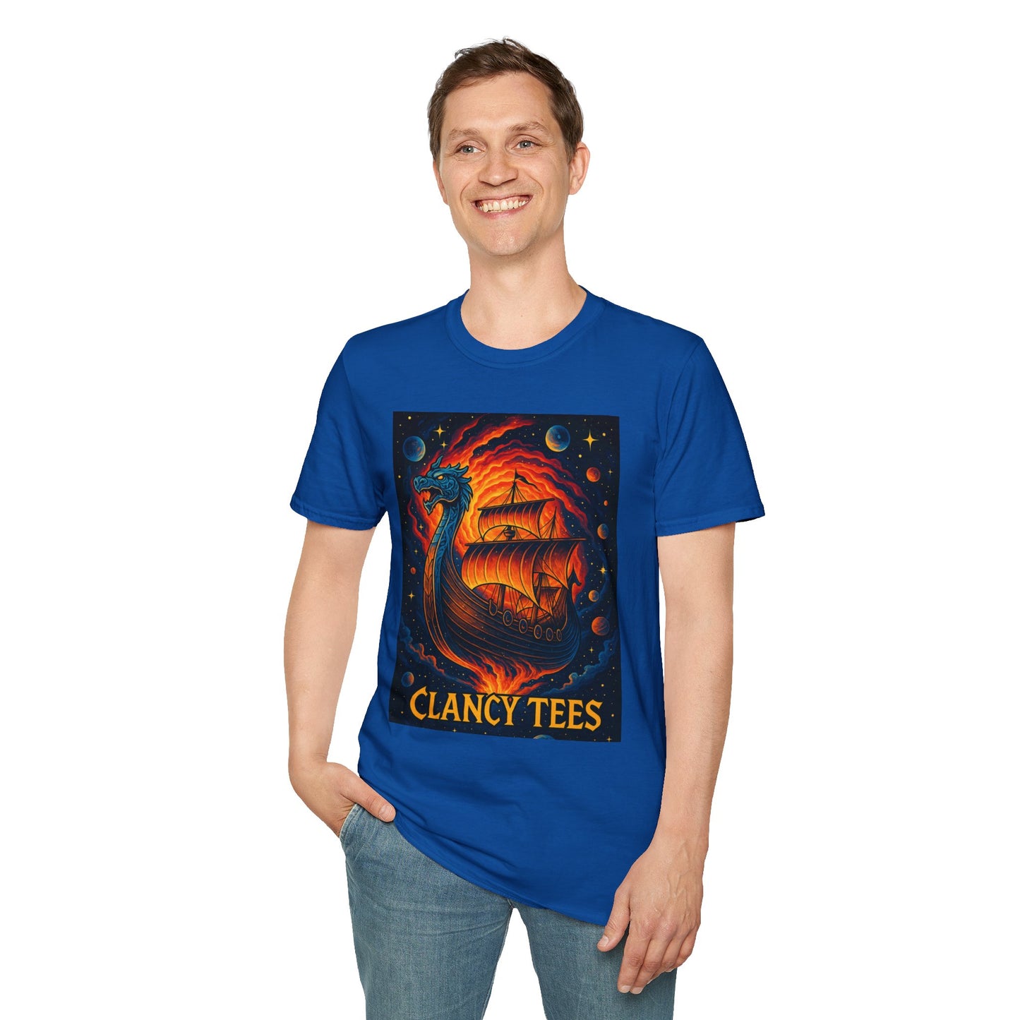 Viking Ship Dragon Shirt – Trippy Norse Mythology Tee with Fiery Cosmic Art – Bold Fantasy Graphic – Gift for Myth Lovers and Warrior Souls