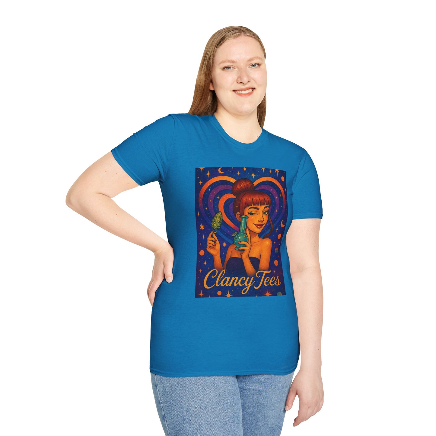 Cosmic Stoner Girl Art T-Shirt, Vintage Style Tee, Fun Summer Shirt, Gift for Art Lovers, Cute Graphic Tee, Unique Casual Wear