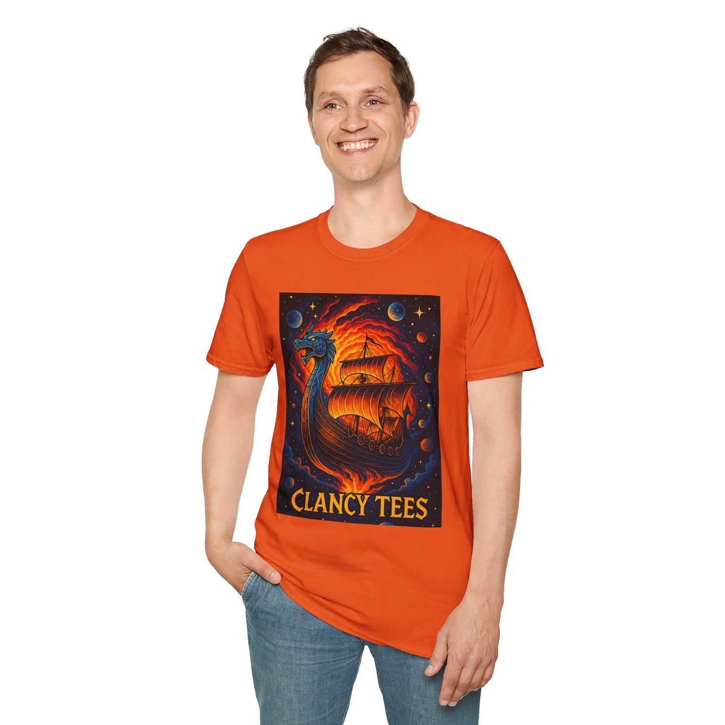 Viking Ship Dragon Shirt – Trippy Norse Mythology Tee with Fiery Cosmic Art – Bold Fantasy Graphic – Gift for Myth Lovers and Warrior Souls