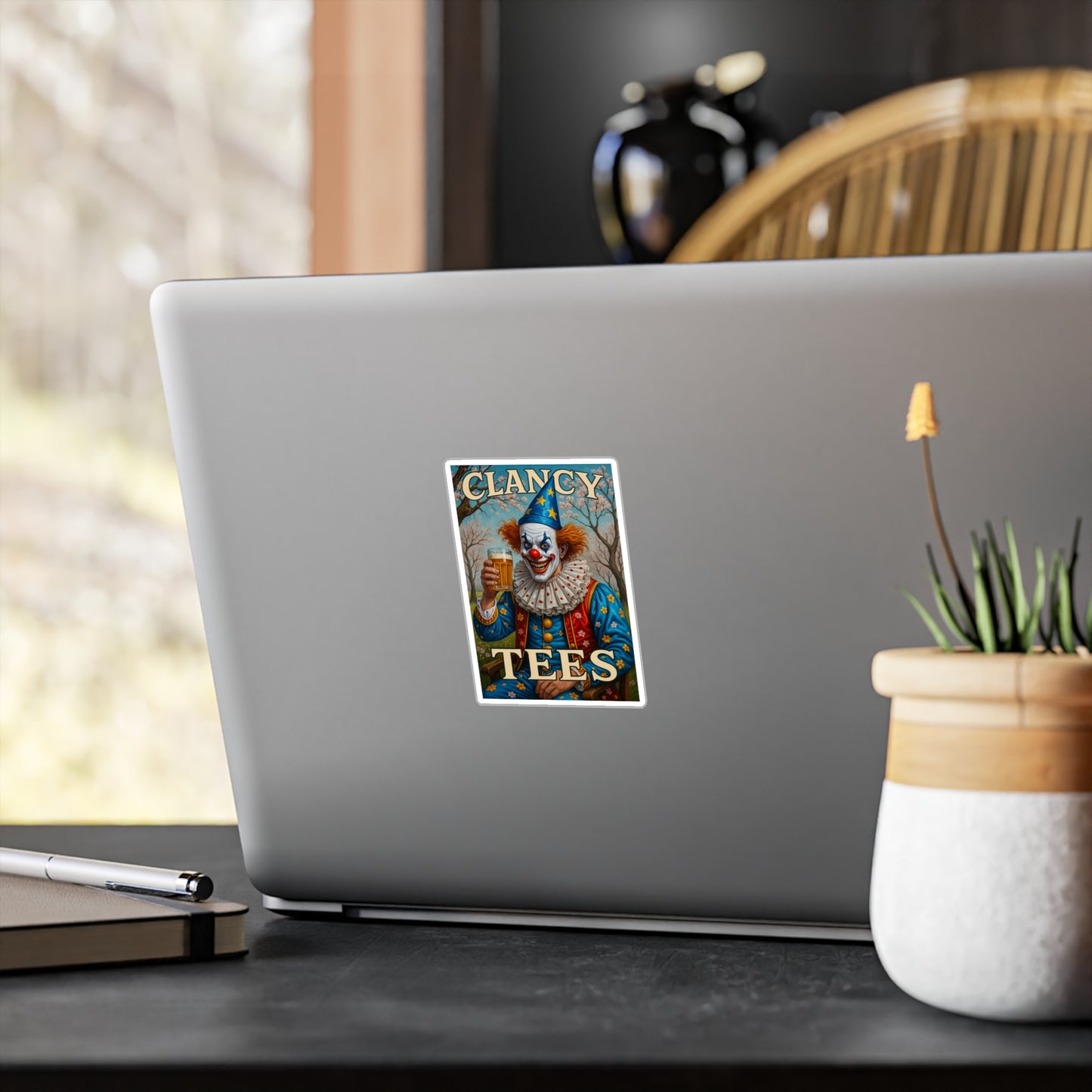 ClancyTees Drunk Clown Sticker – Kiss Cut Vinyl Decal, Funny Creepy Artwork, Circus Aesthetic, Gift for Dark Humor Fans