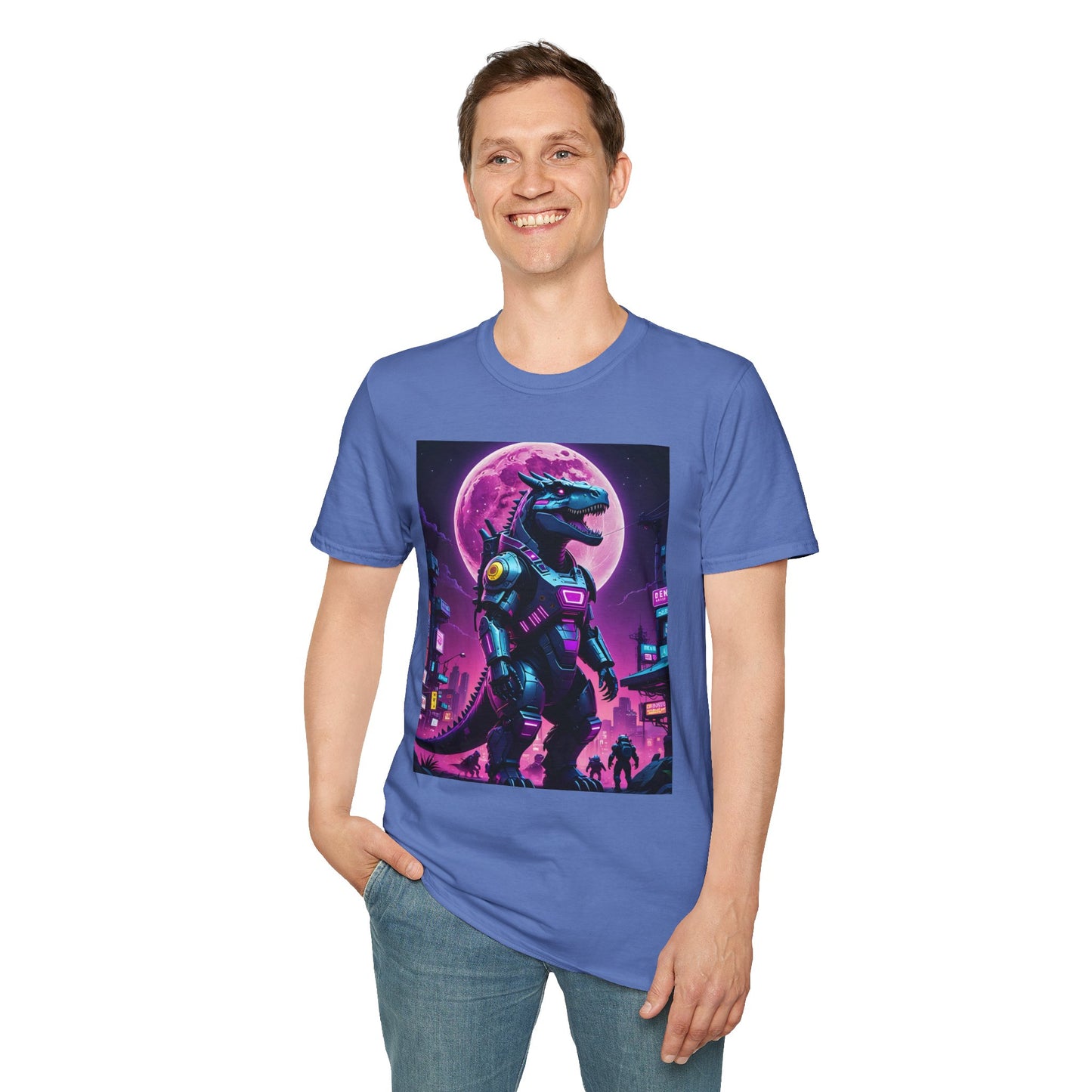 Cyberpunk Dinosaur T Shirt Neon Retro Graphic Tee Futuristic Monster Artwork Top Gift for Sci Fi Fans