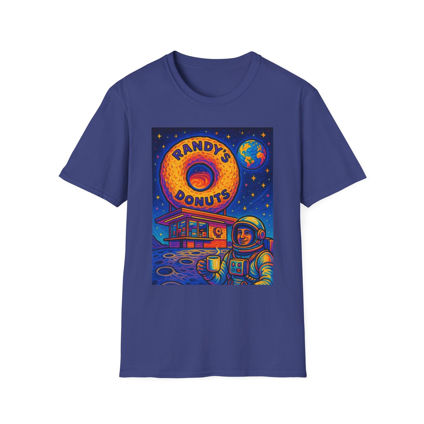 Space Donut T-Shirt – Retro Sci-Fi Astronaut Holding Coffee on the Moon – Gift for Foodies, Dreamers, and Outer Space Humor Fans