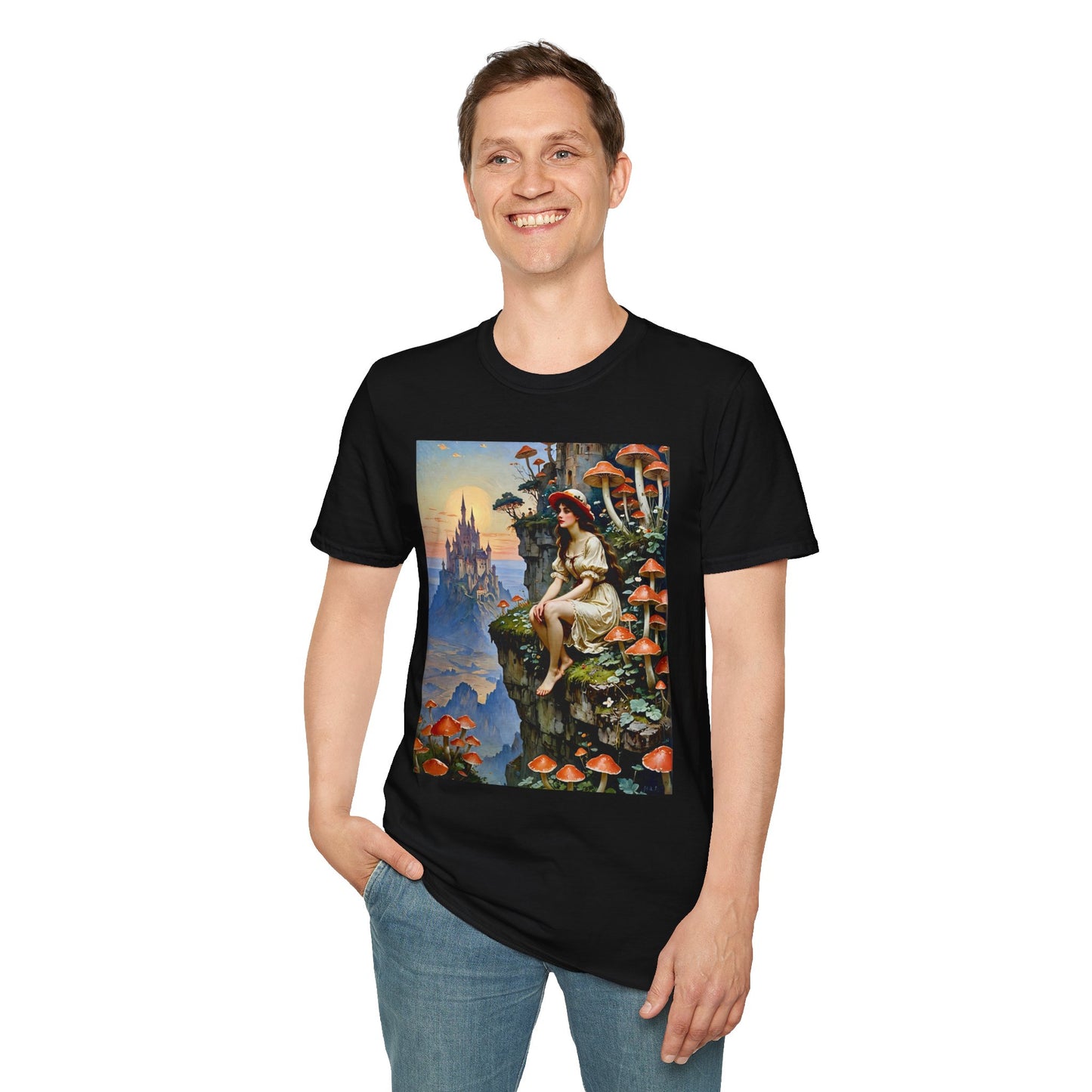 Fantasy Mushroom Fairy T-Shirt Enchanted Castle Cliffside Tee Surreal Magic Art Shirt Gift for Fantasy Fans Gift for Dreamers Psychedelic Nature Tee