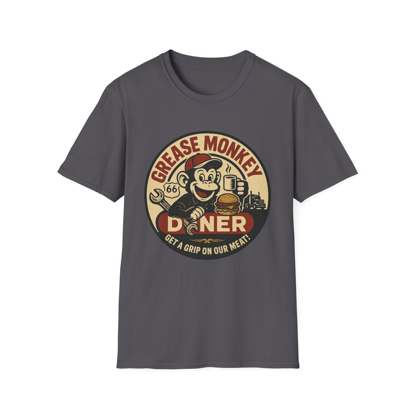 Grease Monkey Diner T-Shirt – Retro Mechanic Mascot Tee – Funny Vintage Roadside Shirt Gift for Car Guys, Grill Masters, and Route 66 Road Trip Fans