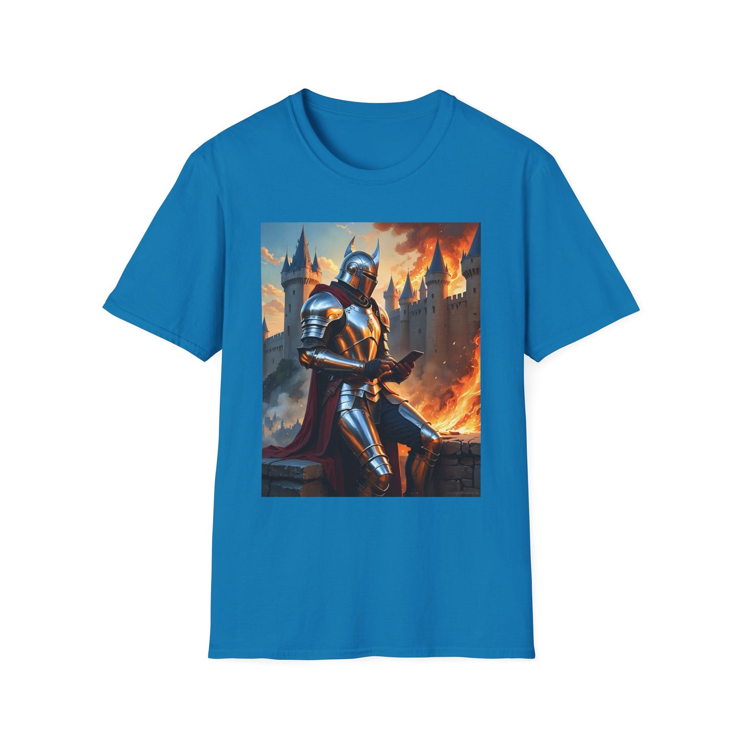 Knight in Burning Castle Shirt – Dark Fantasy Armor Tee – Gift for RPG Fans, Medieval Nerds, and Apocalyptic History Buffs