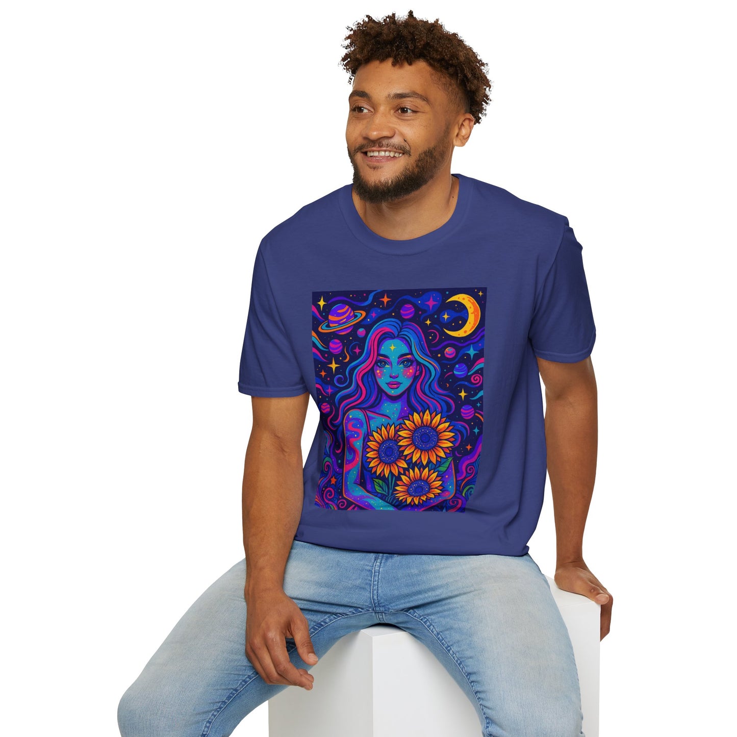 Psychedelic Sunflower Girl Shirt Trippy Space Goddess Tee Gift for Astrology Lovers Cosmic Art T Shirt for Hippies Star Gazers and Moon Magic Fans