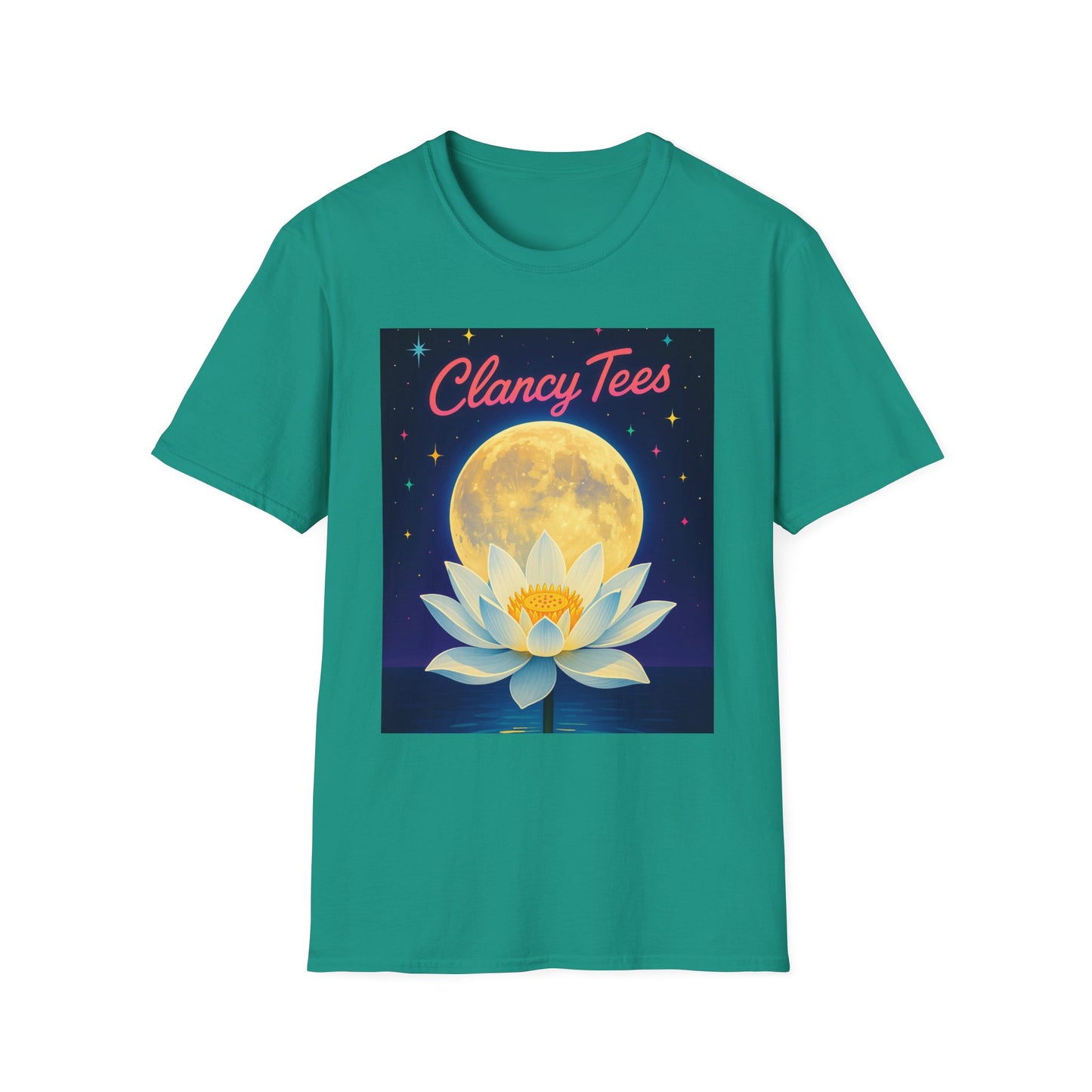 Moon Lotus Clancy Tees Shirt – Ethereal Floral T-Shirt with Full Moon Art – Gift for Nature Lovers, Yogis, Dreamers & Spiritual Aesthetic Fans