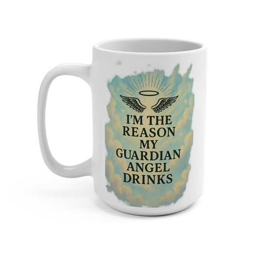 Guardian Angel Drinks Funny Coffee Mug – Sarcastic Religious Humor Cup, Gift for Sinners, Guardian Angel Joke 15oz