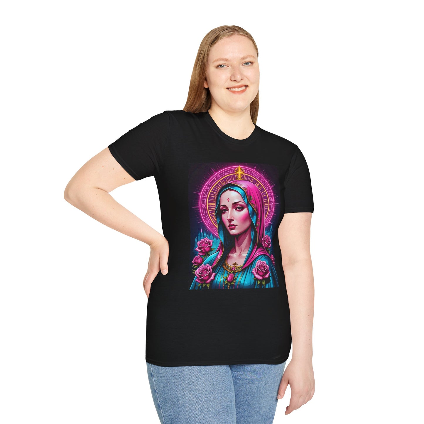 Religious Graphic Tee - Vibrant Mary Artwork, Gift for Devotees, Floral Design Shirt, Faith-Inspired Apparel, Everyday Wear
