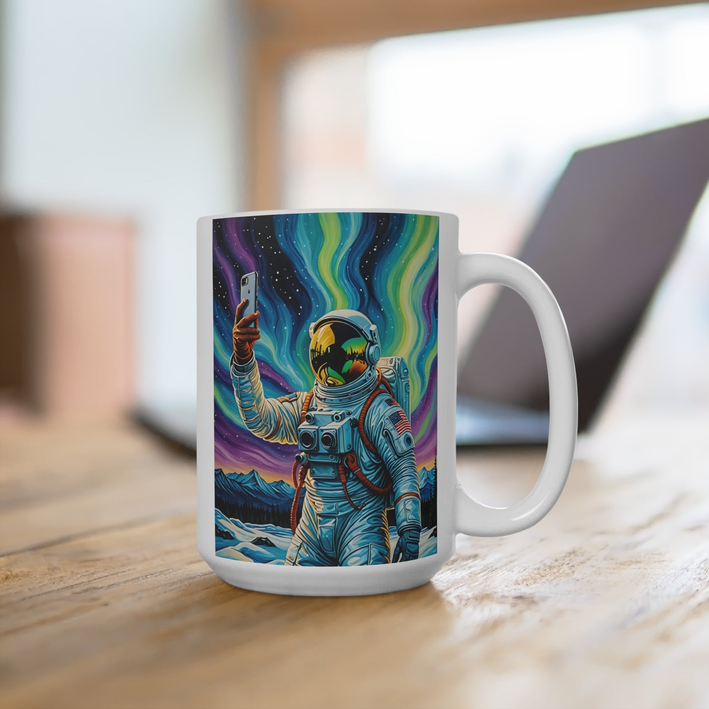 Astronaut Selfie Coffee Mug Psychedelic Northern Lights Ceramic Cup Outer Space Adventure Artwork Gift for Stargazers Cosmic Drinkware Unique Galaxy Art