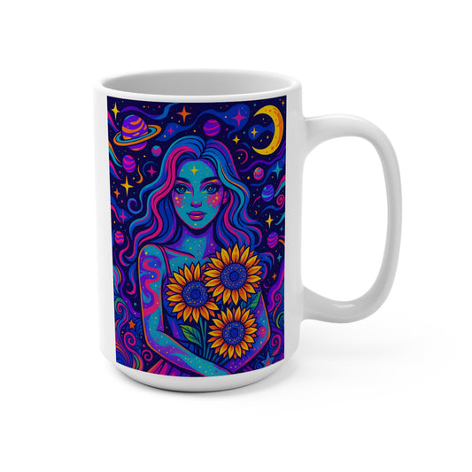 Cosmic Sunflower Goddess Mug – Psychedelic Coffee Cup, Celestial Art Drinkware, Gift for Astrology Lovers, Vibrant Galaxy Mug