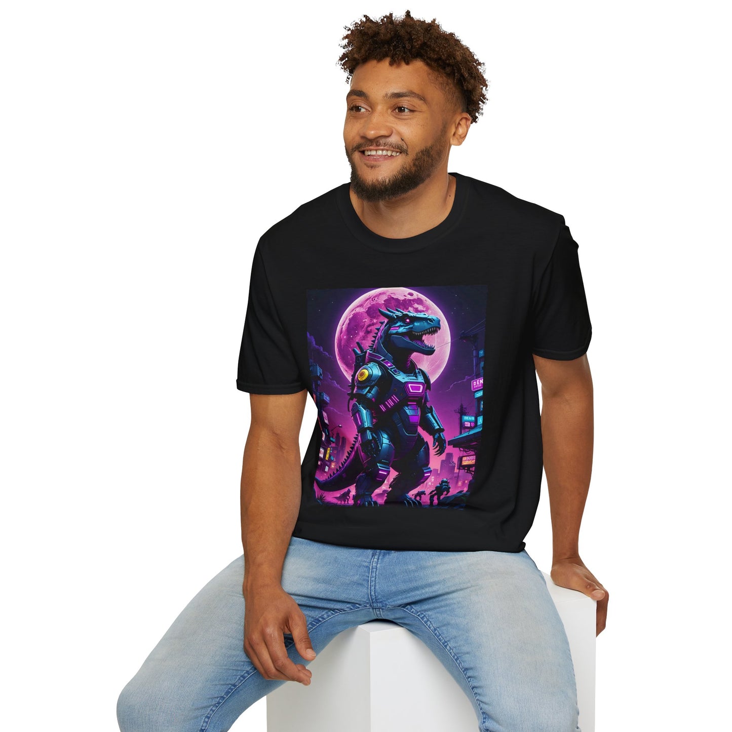 Cyberpunk Dinosaur T Shirt Neon Retro Graphic Tee Futuristic Monster Artwork Top Gift for Sci Fi Fans