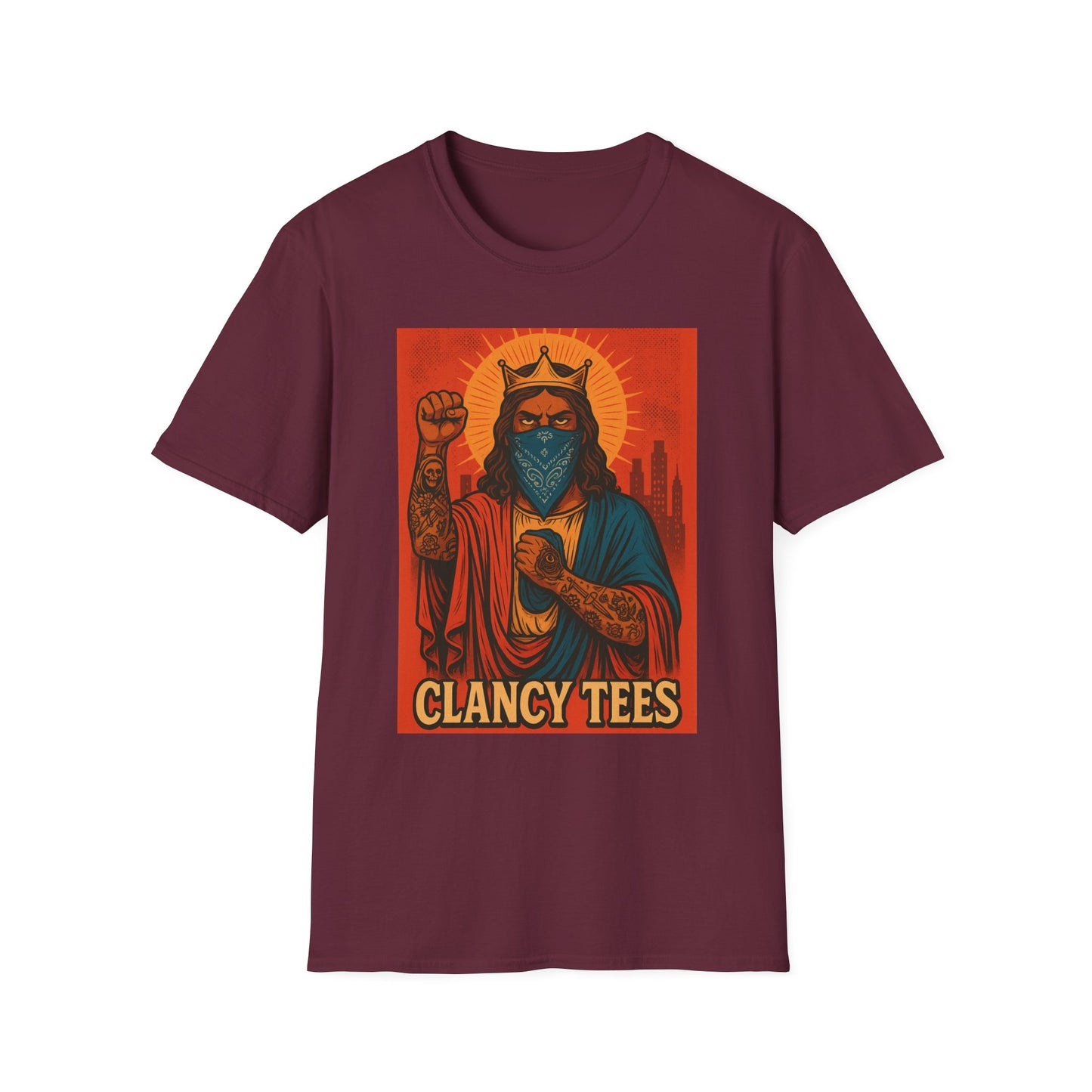 Tattooed Jesus Street Art Shirt – Clancy Tees | Urban Messiah Graphic Tee | Bold Religious Satire Shirt | King of the Block Tee