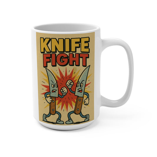 Knife Fight Mug Funny Cartoon Artwork Ceramic Coffee Cup Gift for Dark Humor Fans