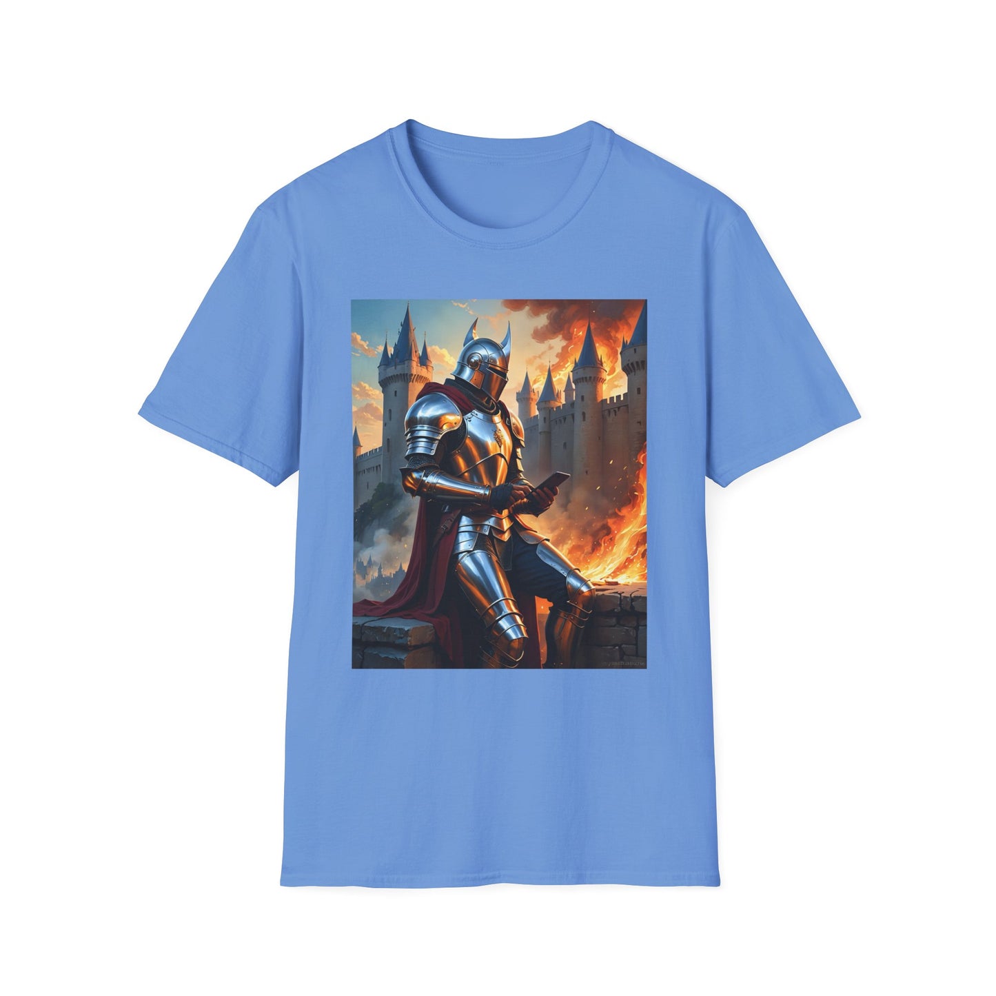Knight in Burning Castle Shirt – Dark Fantasy Armor Tee – Gift for RPG Fans, Medieval Nerds, and Apocalyptic History Buffs