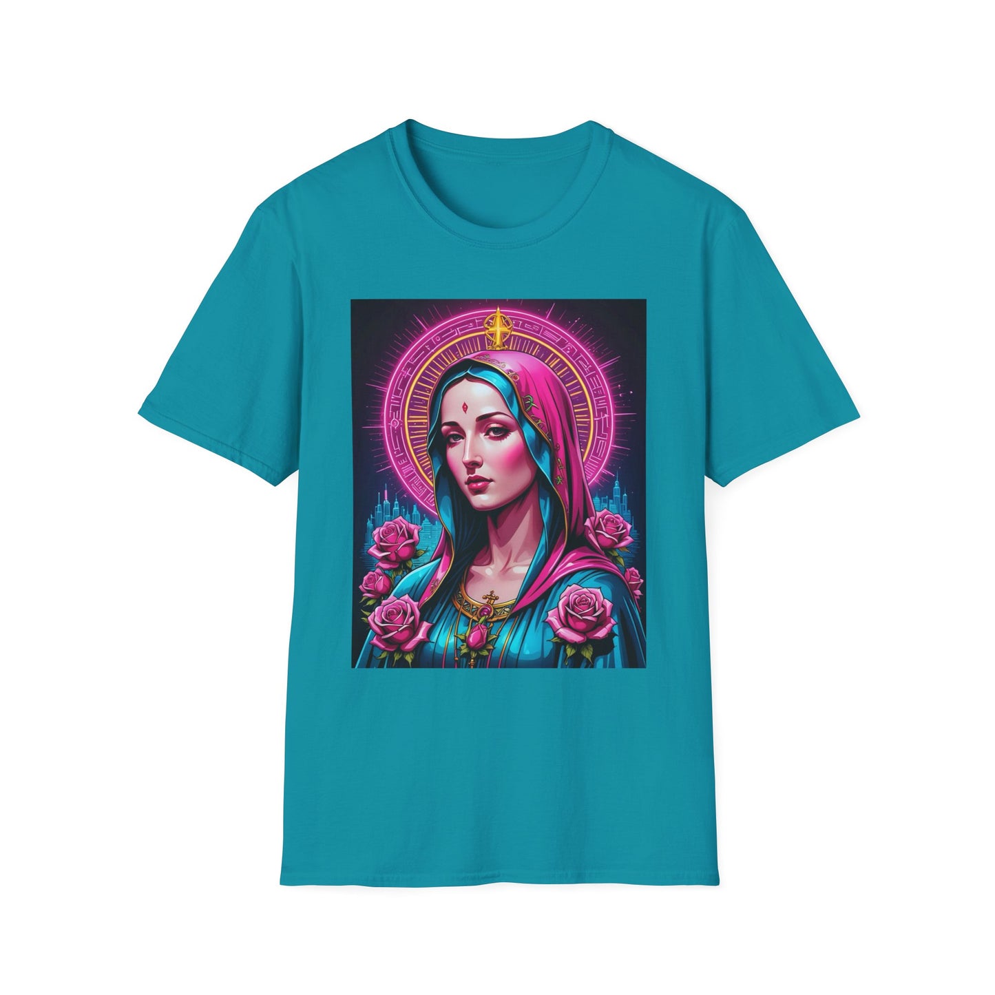 Religious Graphic Tee - Vibrant Mary Artwork, Gift for Devotees, Floral Design Shirt, Faith-Inspired Apparel, Everyday Wear