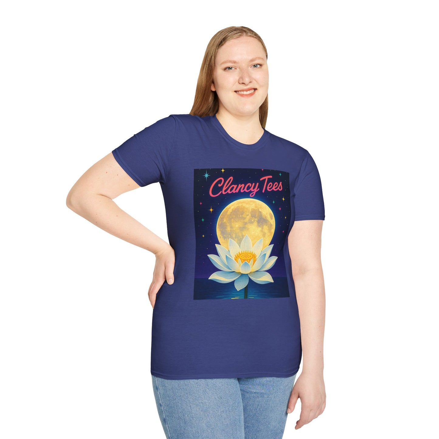 Moon Lotus Clancy Tees Shirt – Ethereal Floral T-Shirt with Full Moon Art – Gift for Nature Lovers, Yogis, Dreamers & Spiritual Aesthetic Fans