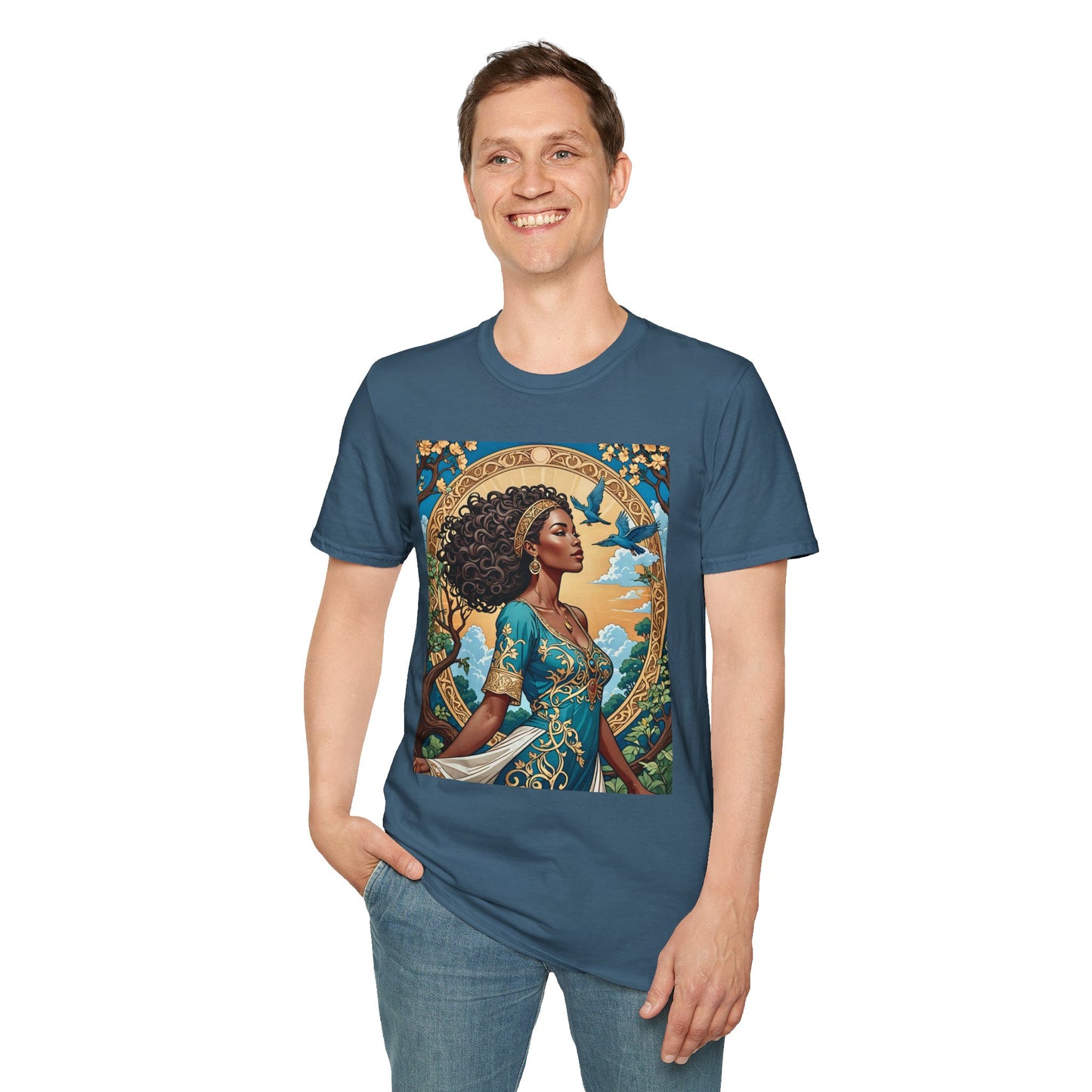Bohemian Goddess T-Shirt, Unisex Softstyle Tee, Nature-Inspired Apparel, Gift for Women, Artistic Graphic Shirt, Eco-Friendly Fashion