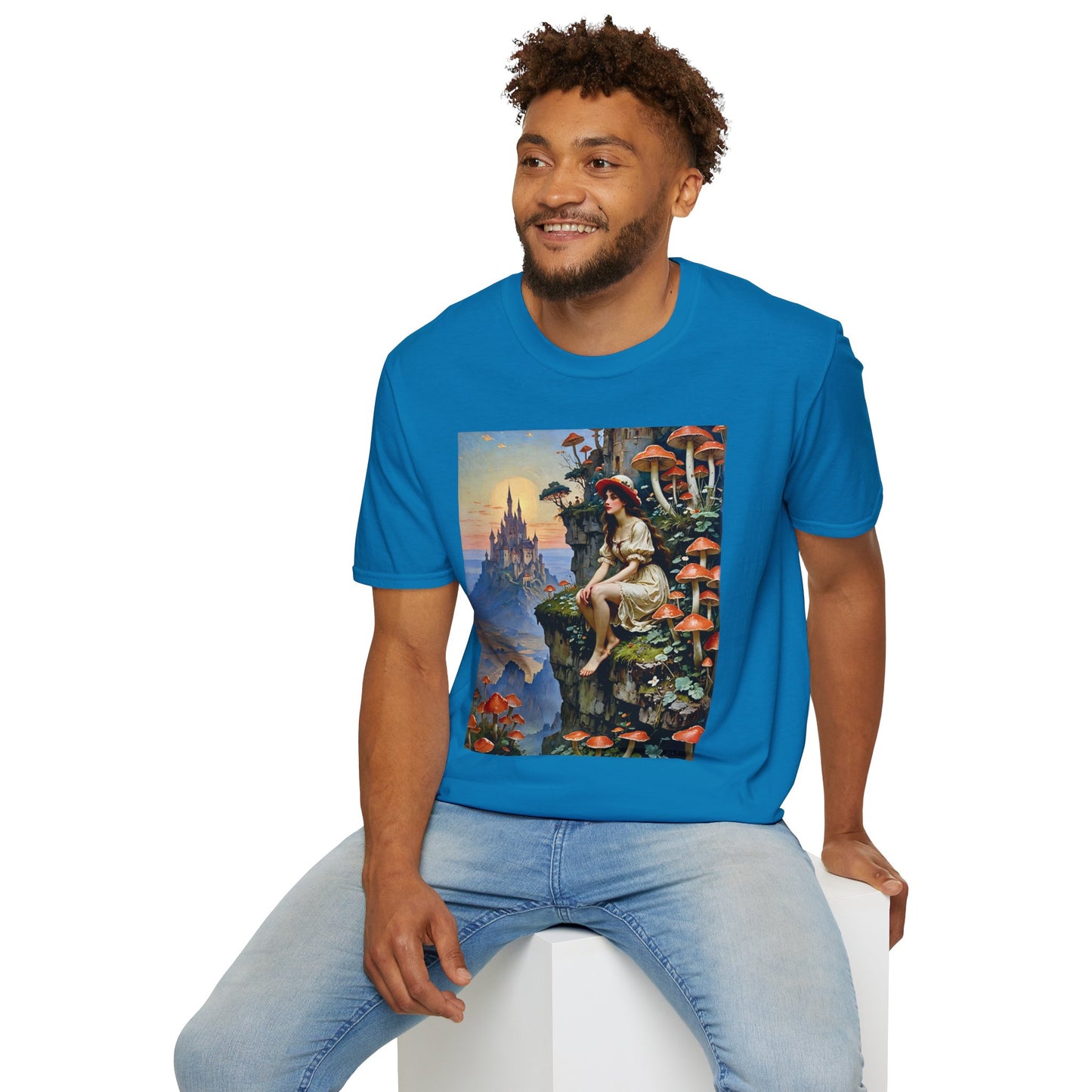 Fantasy Mushroom Fairy T-Shirt Enchanted Castle Cliffside Tee Surreal Magic Art Shirt Gift for Fantasy Fans Gift for Dreamers Psychedelic Nature Tee