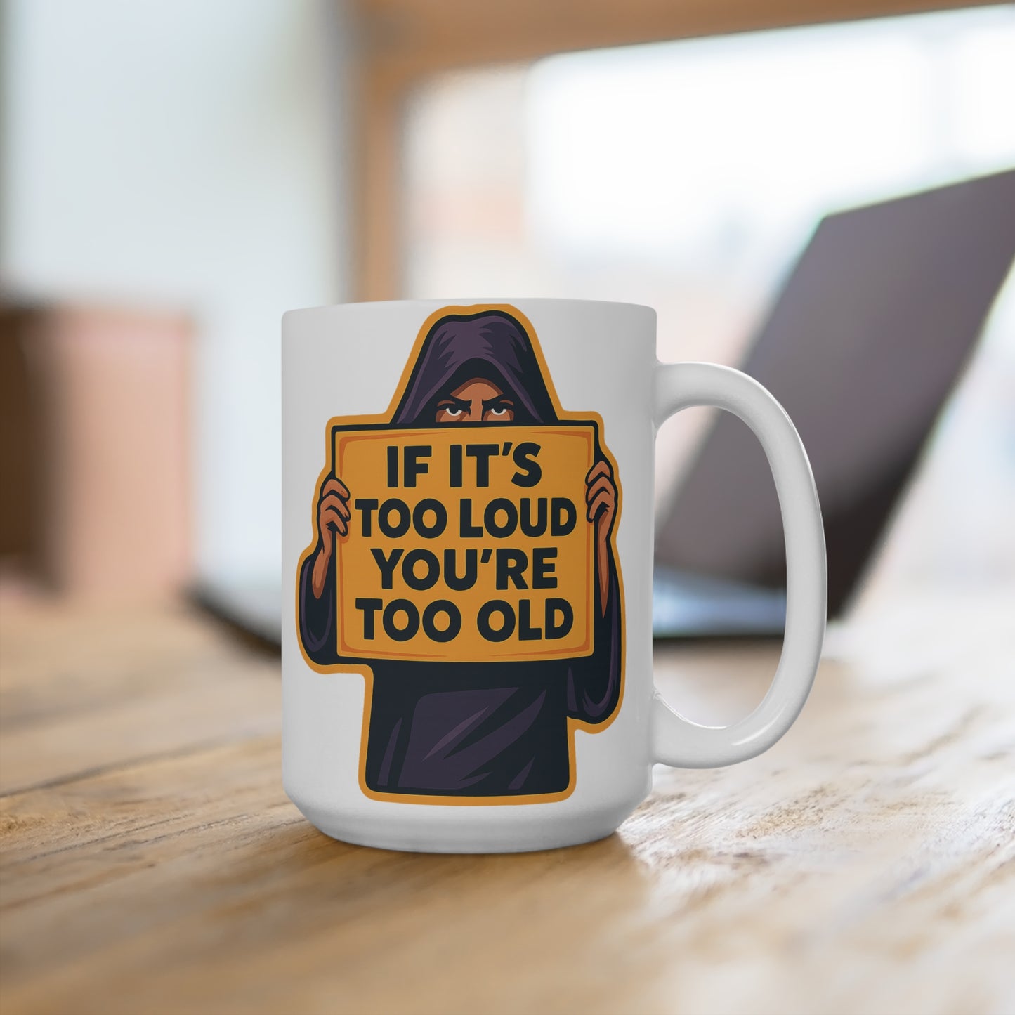 Too Loud Youre Too Old Coffee Mug Funny Grim Reaper Ceramic Cup 15oz Sarcastic Morning Gift For Music Lovers Bold Humor Drinkware
