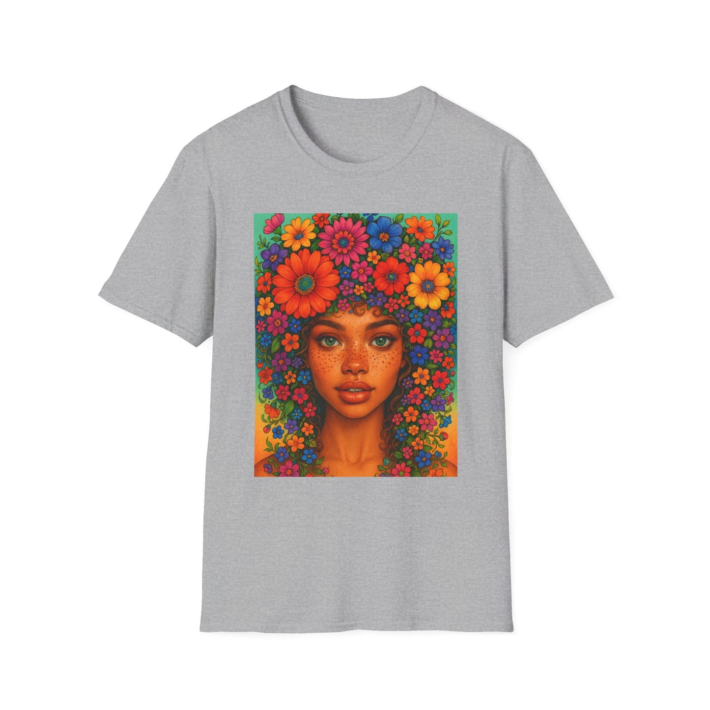 Flower Crown Woman T-Shirt – Afro Boho Floral Portrait Tee – Vibrant Art Shirt Gift for Nature Lovers, Hippies, Artists, and Bold Aesthetic Queens