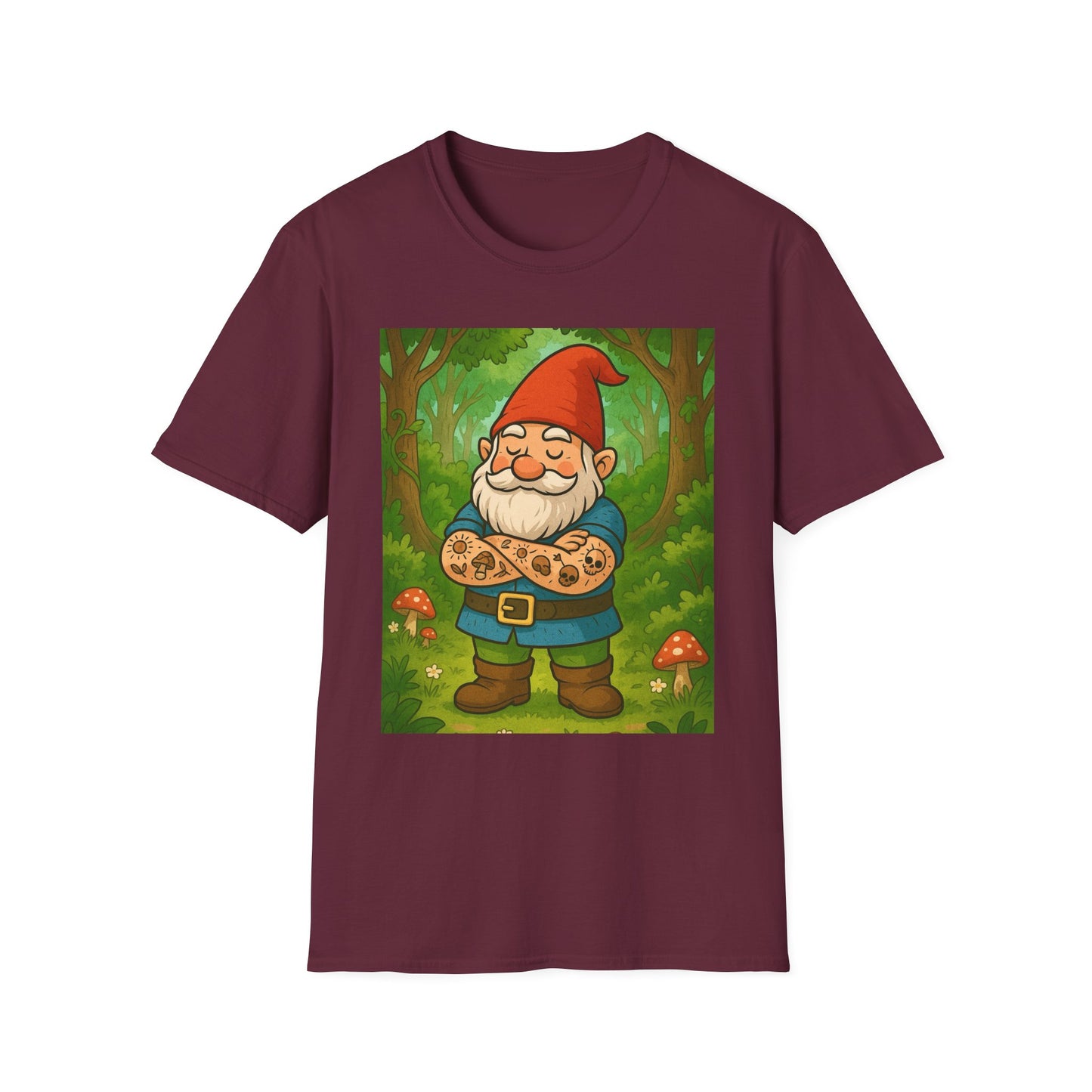 Tattooed Gnome T-Shirt – Funny Forest Inked Gnome Tee – Whimsical Tattoo Garden Shirt Gift for Mushroom Lovers, Gardeners, and Fantasy Fans